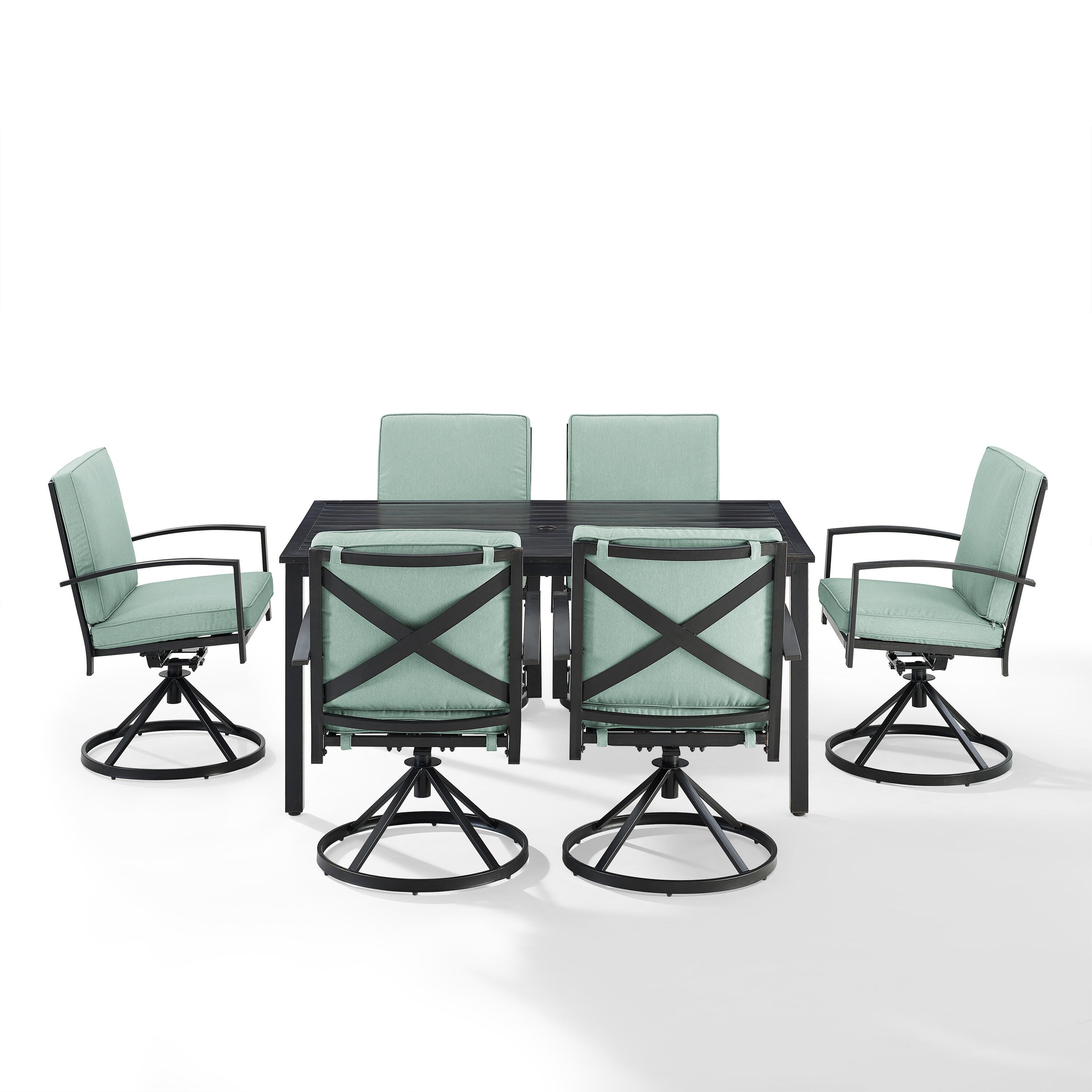 Crosley Furniture Kaplan Outdoor Dining Table and 6 Swivel Chairs, Mist, large