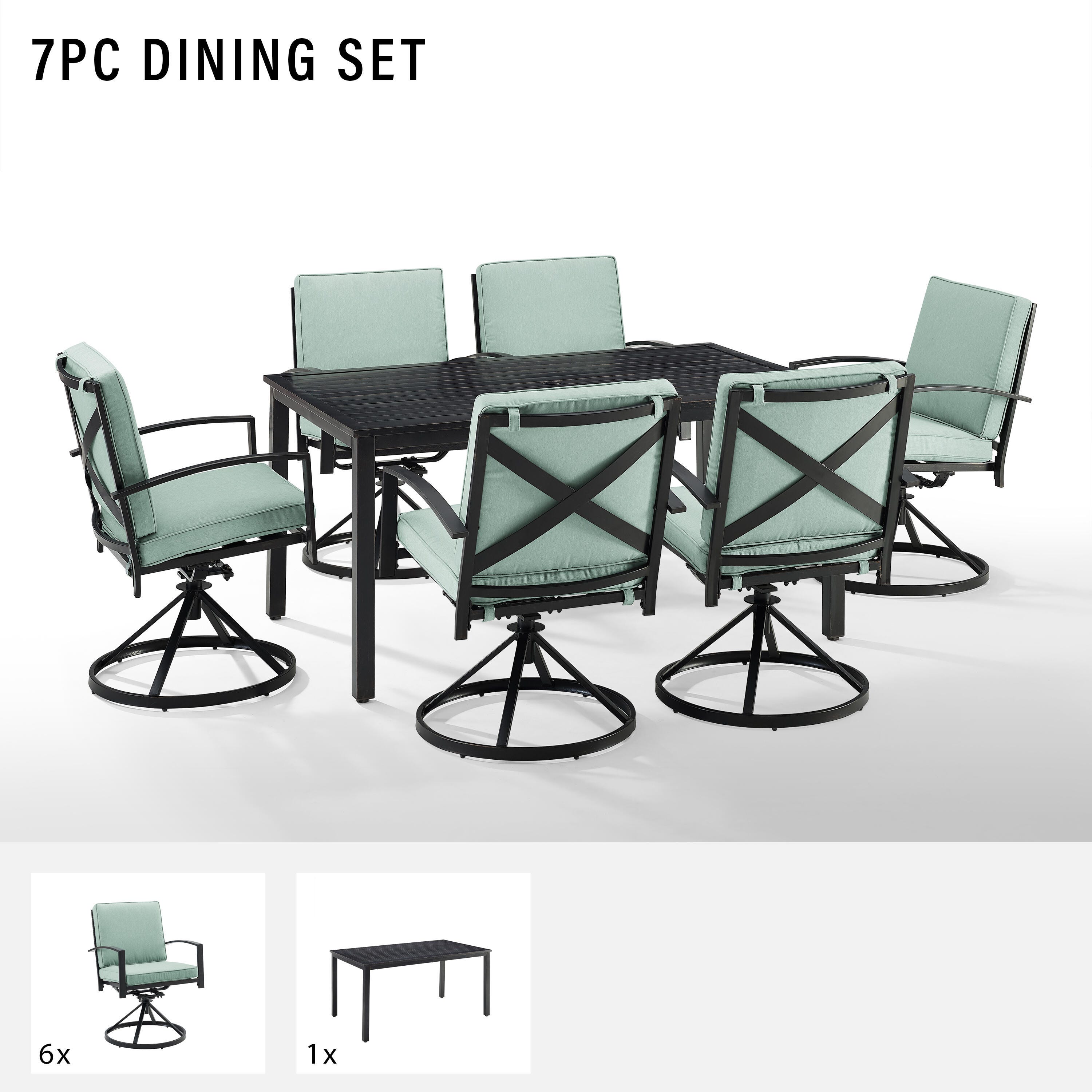 Crosley Furniture Kaplan Outdoor Dining Table and 6 Swivel Chairs, Mist, large