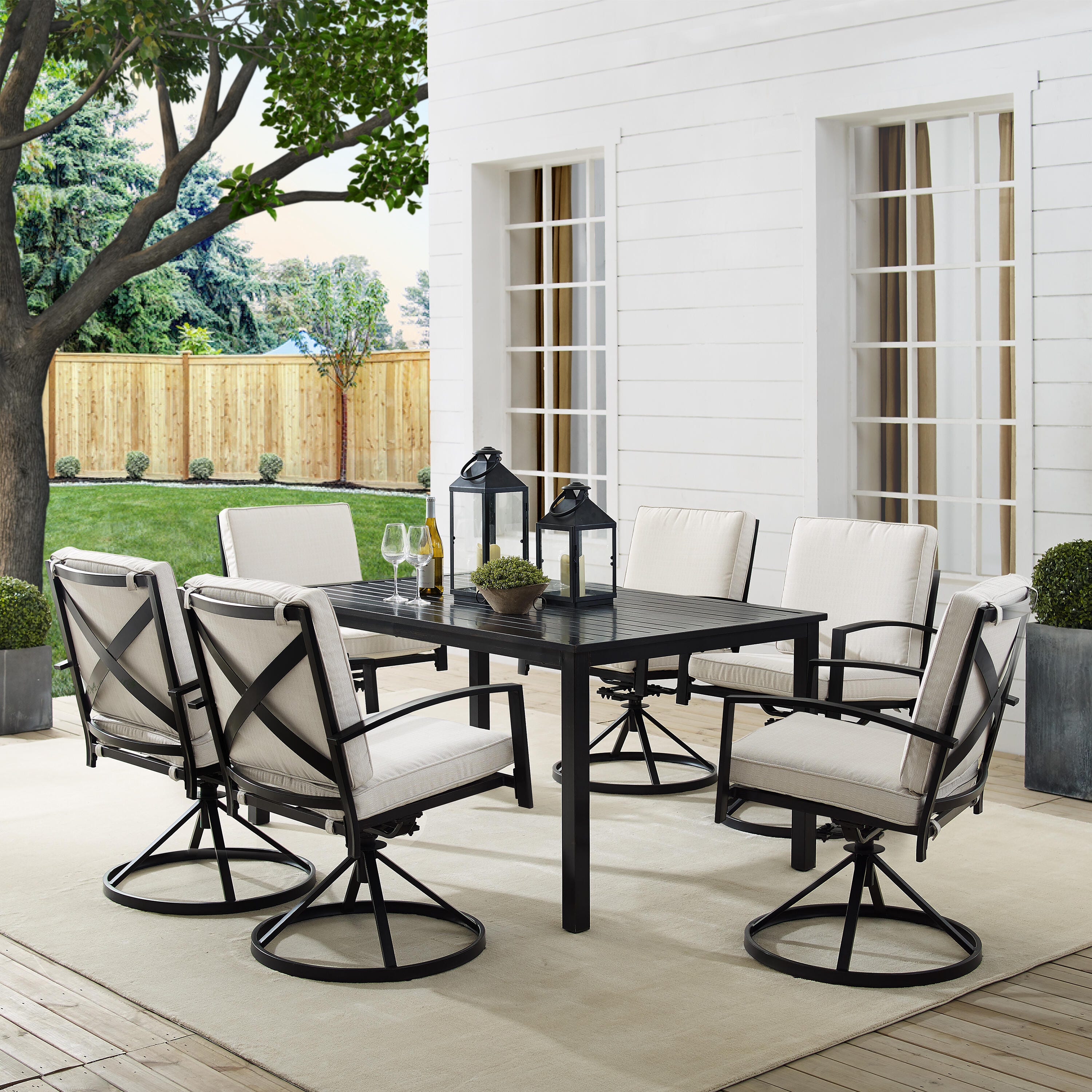 Crosley Furniture Kaplan Outdoor Dining Table and 6 Swivel Chairs, Oatmeal, rollover