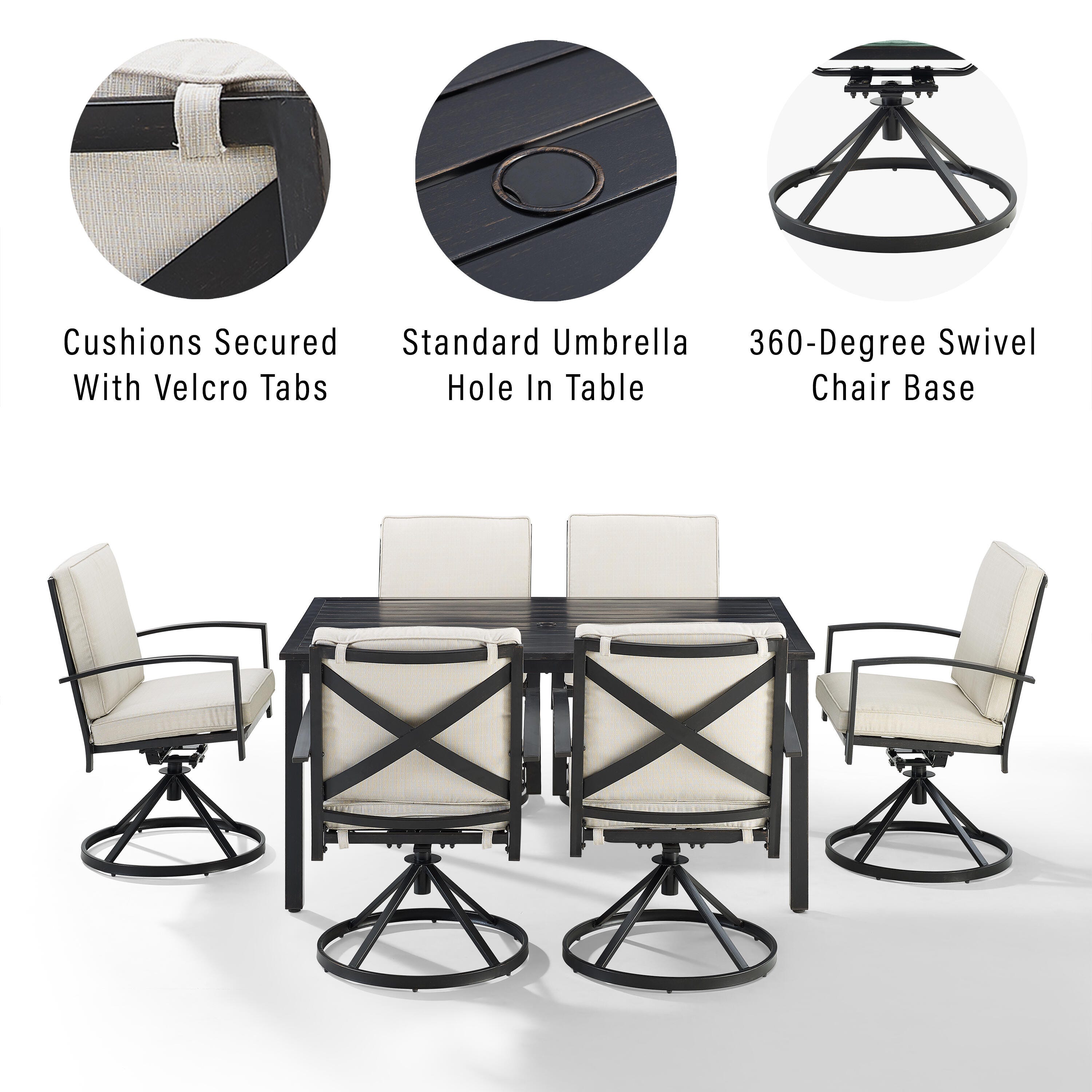Crosley Furniture Kaplan Outdoor Dining Table and 6 Swivel Chairs, Oatmeal, large