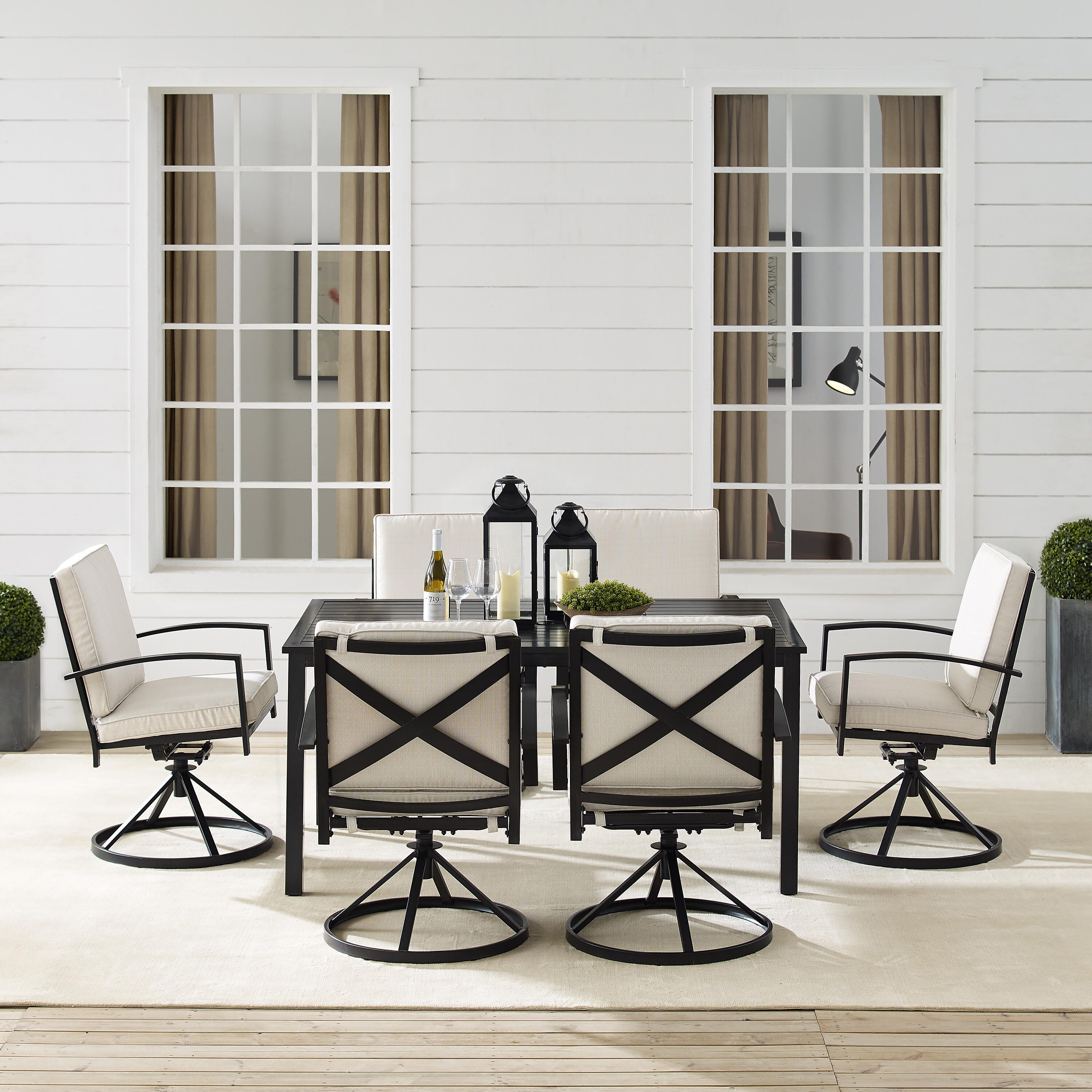 Crosley Furniture Kaplan Outdoor Dining Table and 6 Swivel Chairs, Oatmeal, large