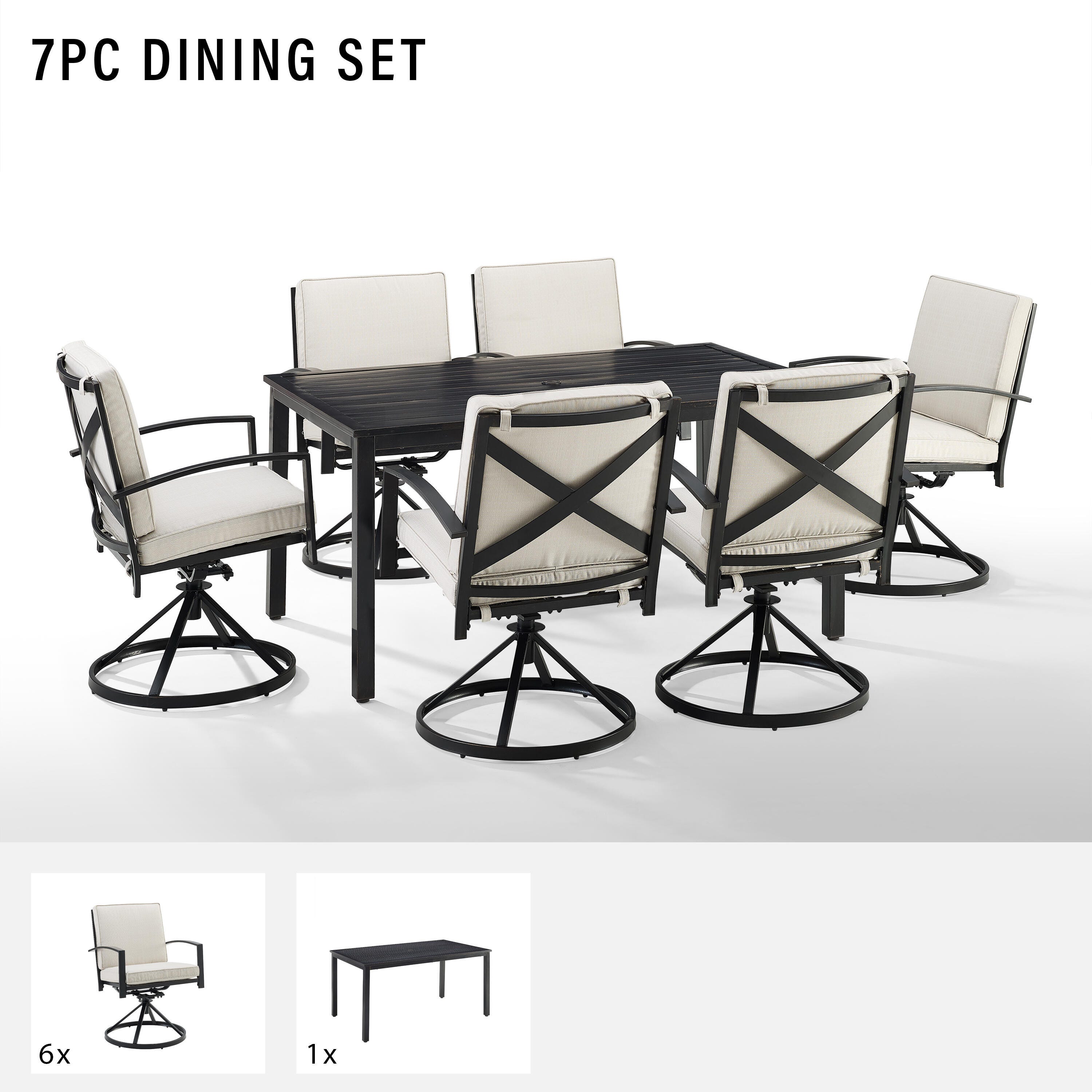 Crosley Furniture Kaplan Outdoor Dining Table and 6 Swivel Chairs, Oatmeal, large