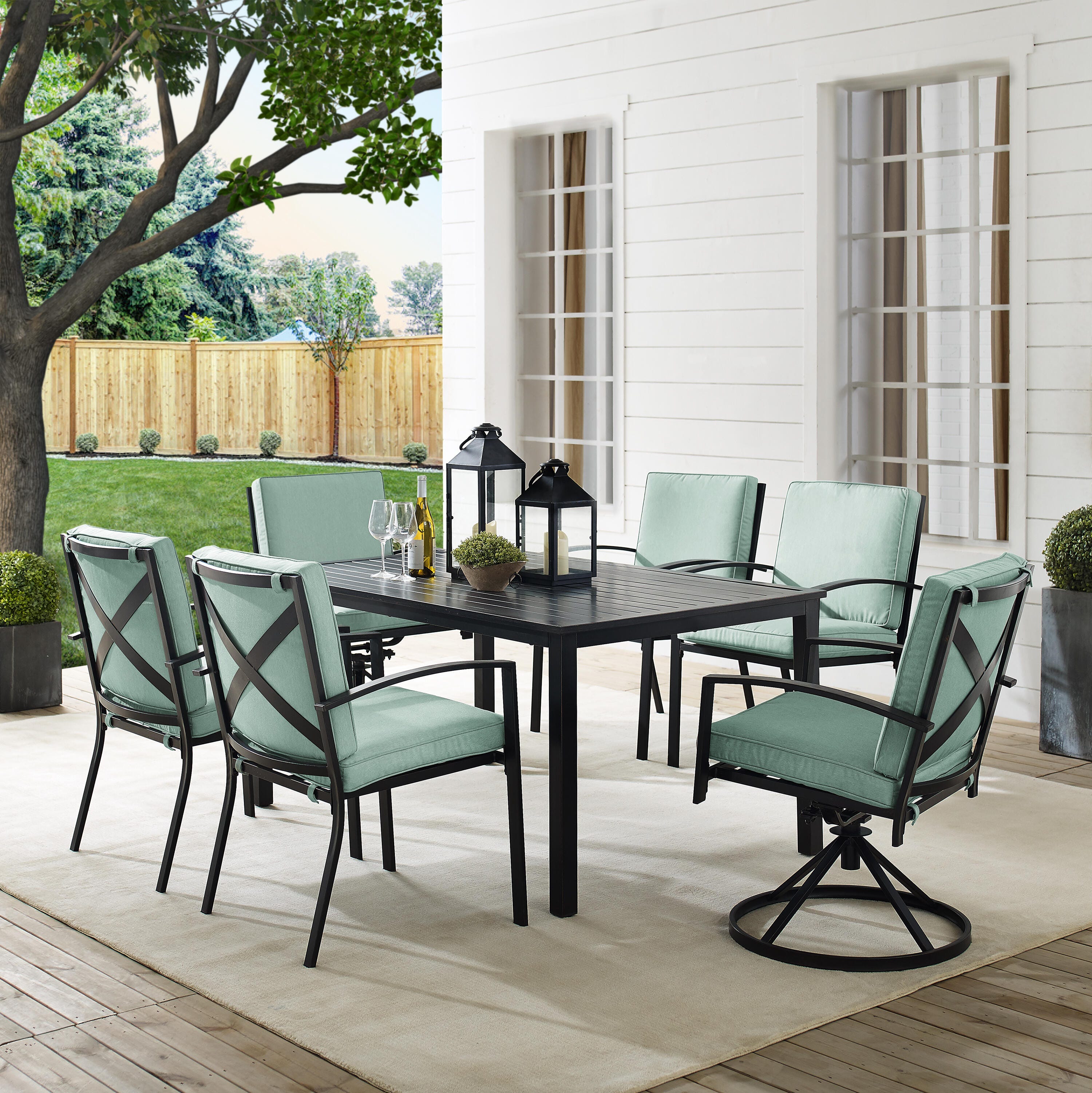 Crosley Furniture Kaplan Outdoor Dining Table and 2 Swivel Chairs and 4 Dining Chairs, Mist, rollover