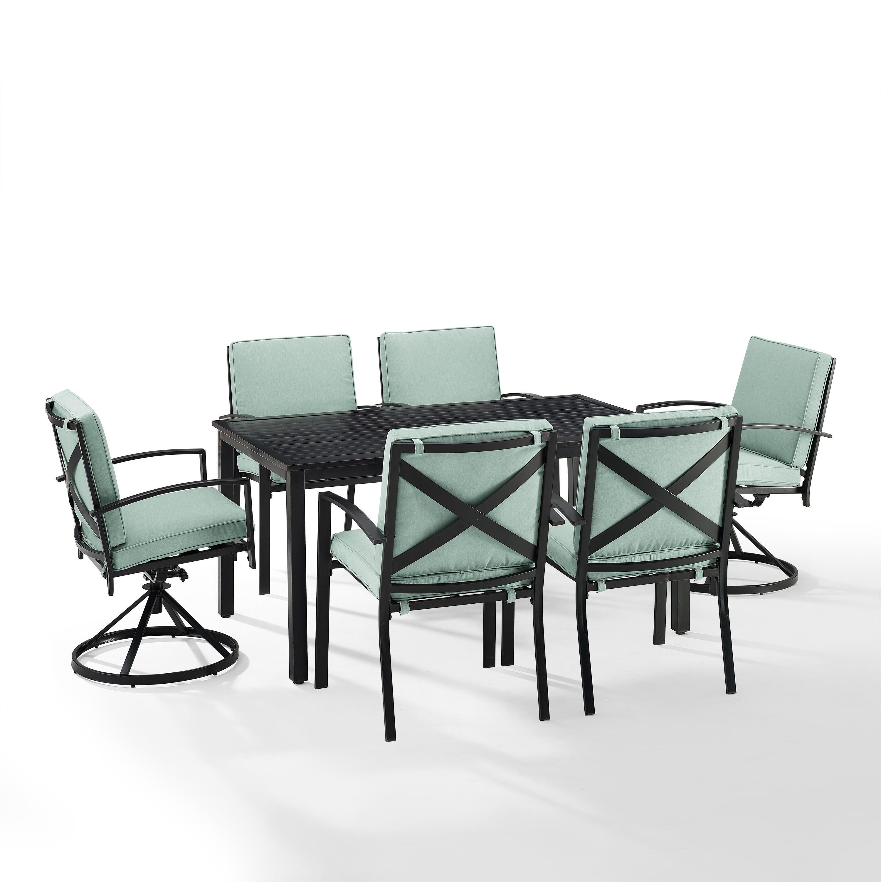 Crosley Furniture Kaplan Outdoor Dining Table and 2 Swivel Chairs and 4 Dining Chairs, Mist, large