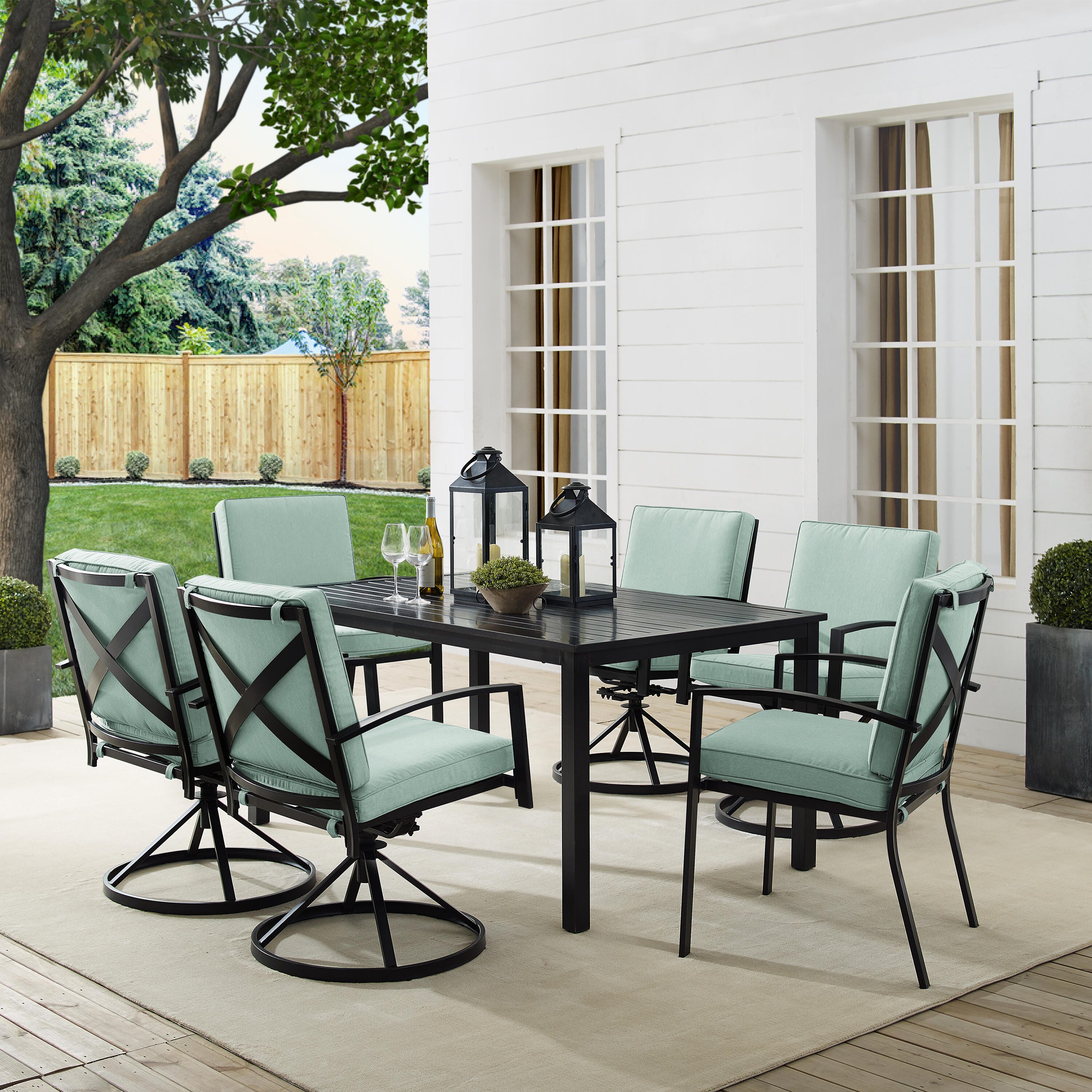 Crosley Furniture Kaplan Outdoor Dining Table and 4 Swivel Chairs and 2 Dining Chairs, Mist, rollover