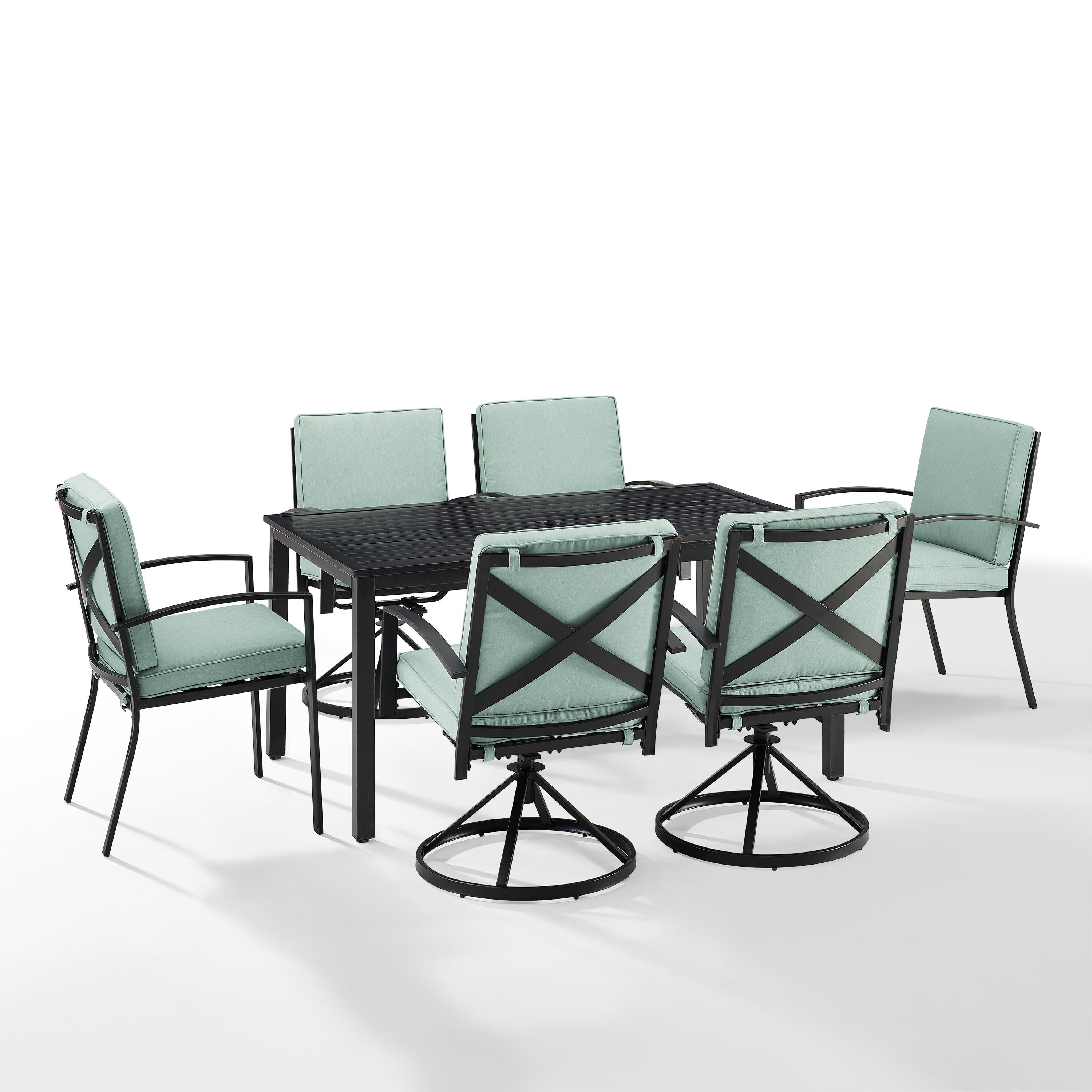 Crosley Furniture Kaplan Outdoor Dining Table and 4 Swivel Chairs and 2 Dining Chairs, Mist, large