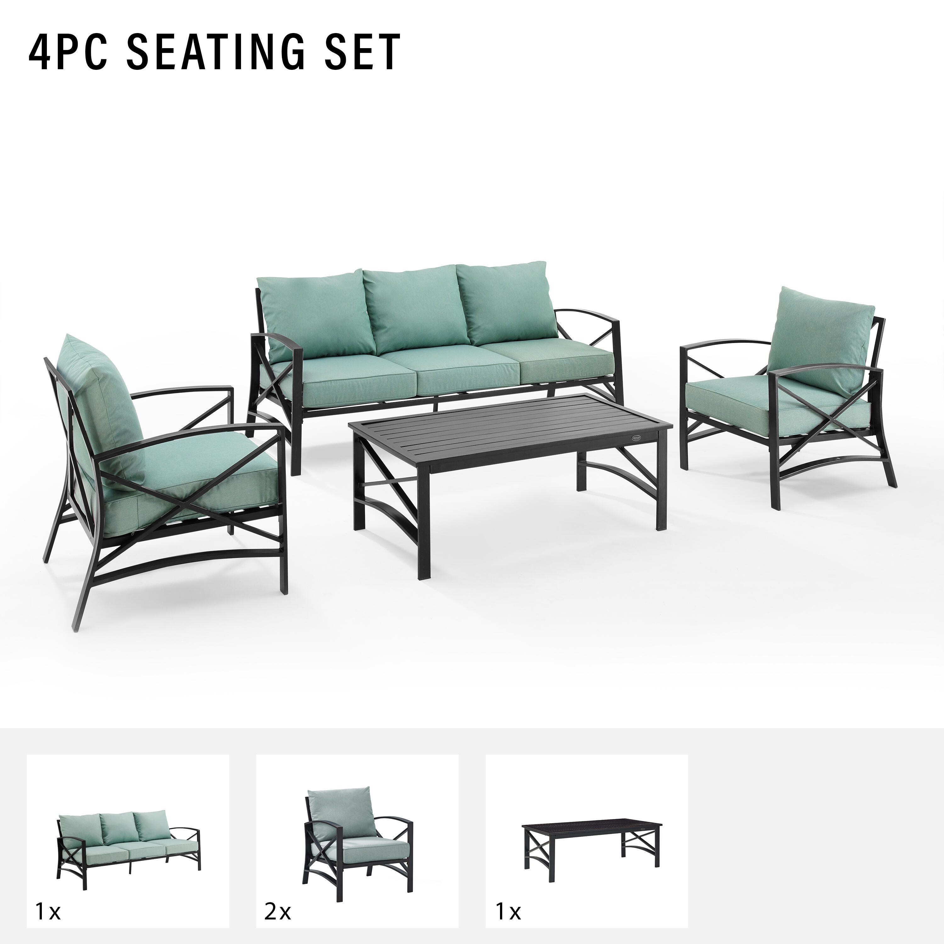 Crosley Furniture Kaplan Outdoor Sofa with Coffee Table and 2 Armchairs, Mist, large
