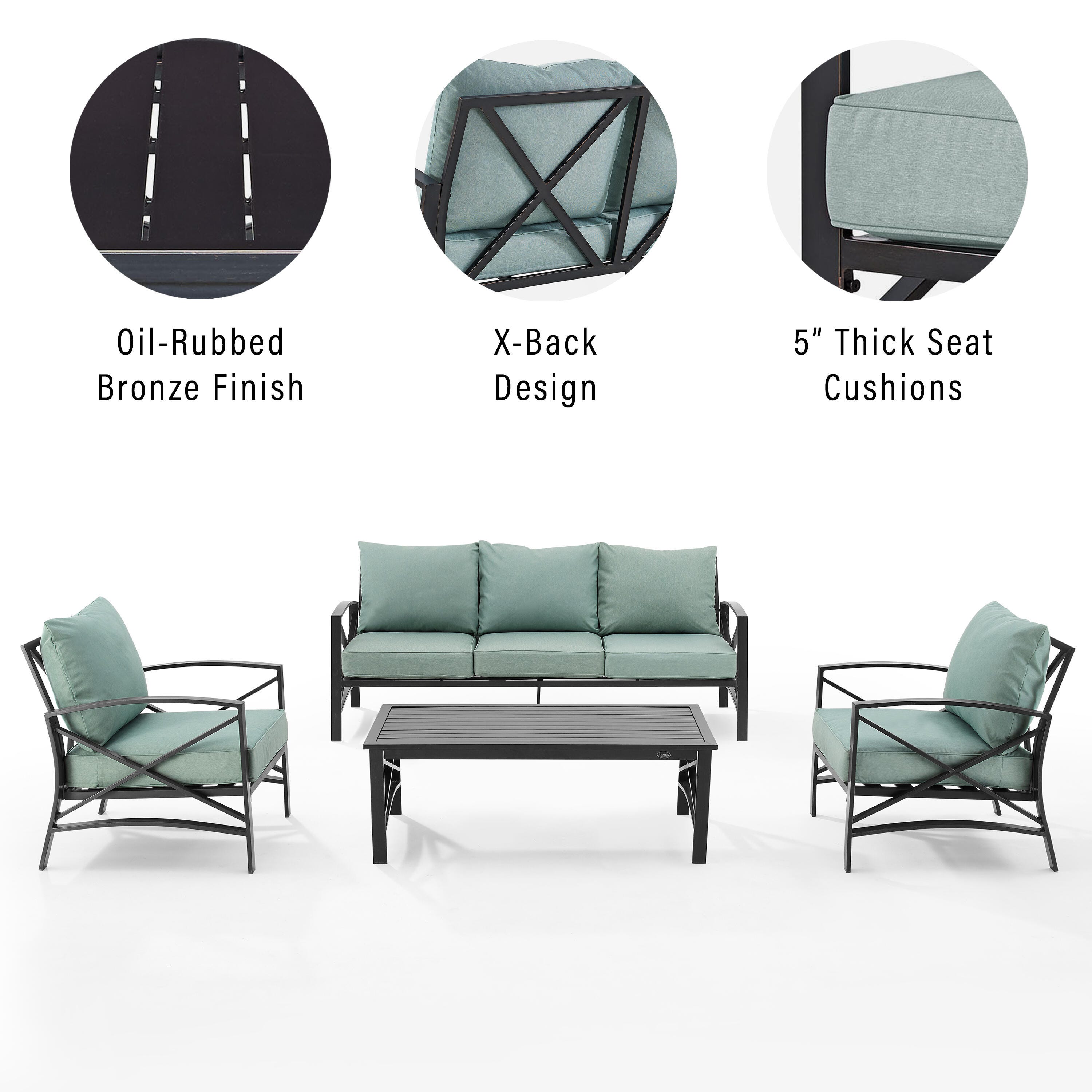 Crosley Furniture Kaplan Outdoor Sofa with Coffee Table and 2 Armchairs, Mist, large
