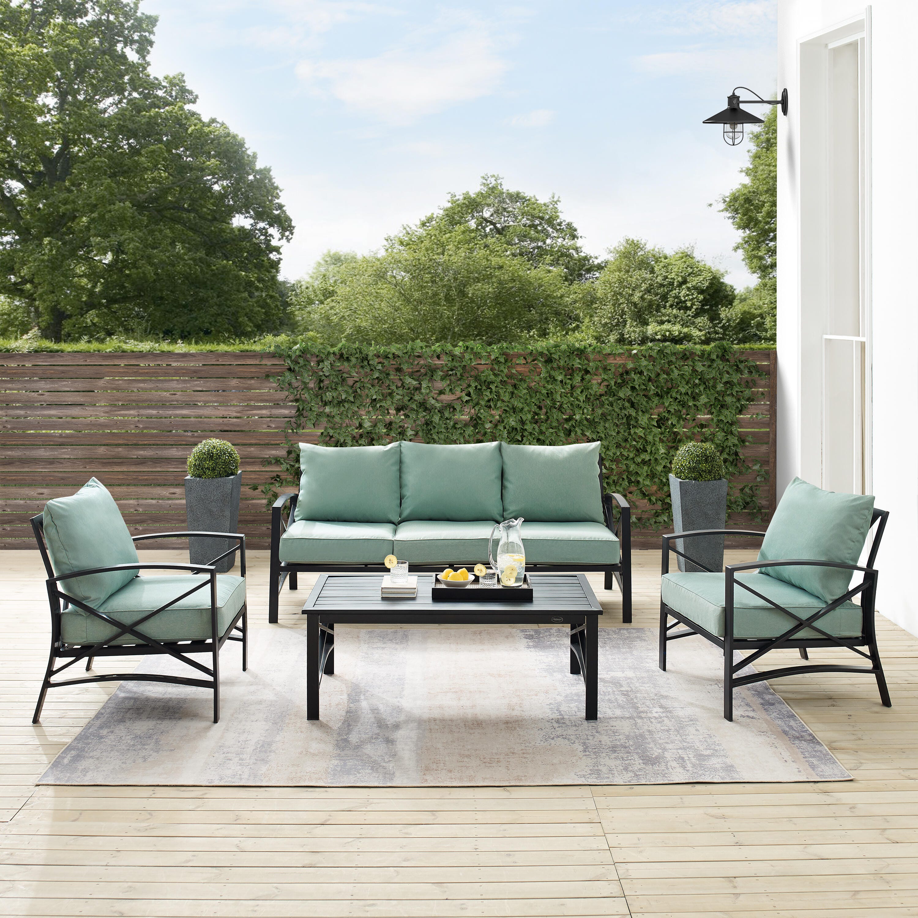 Crosley Furniture Kaplan Outdoor Sofa with Coffee Table and 2 Armchairs, Mist, large
