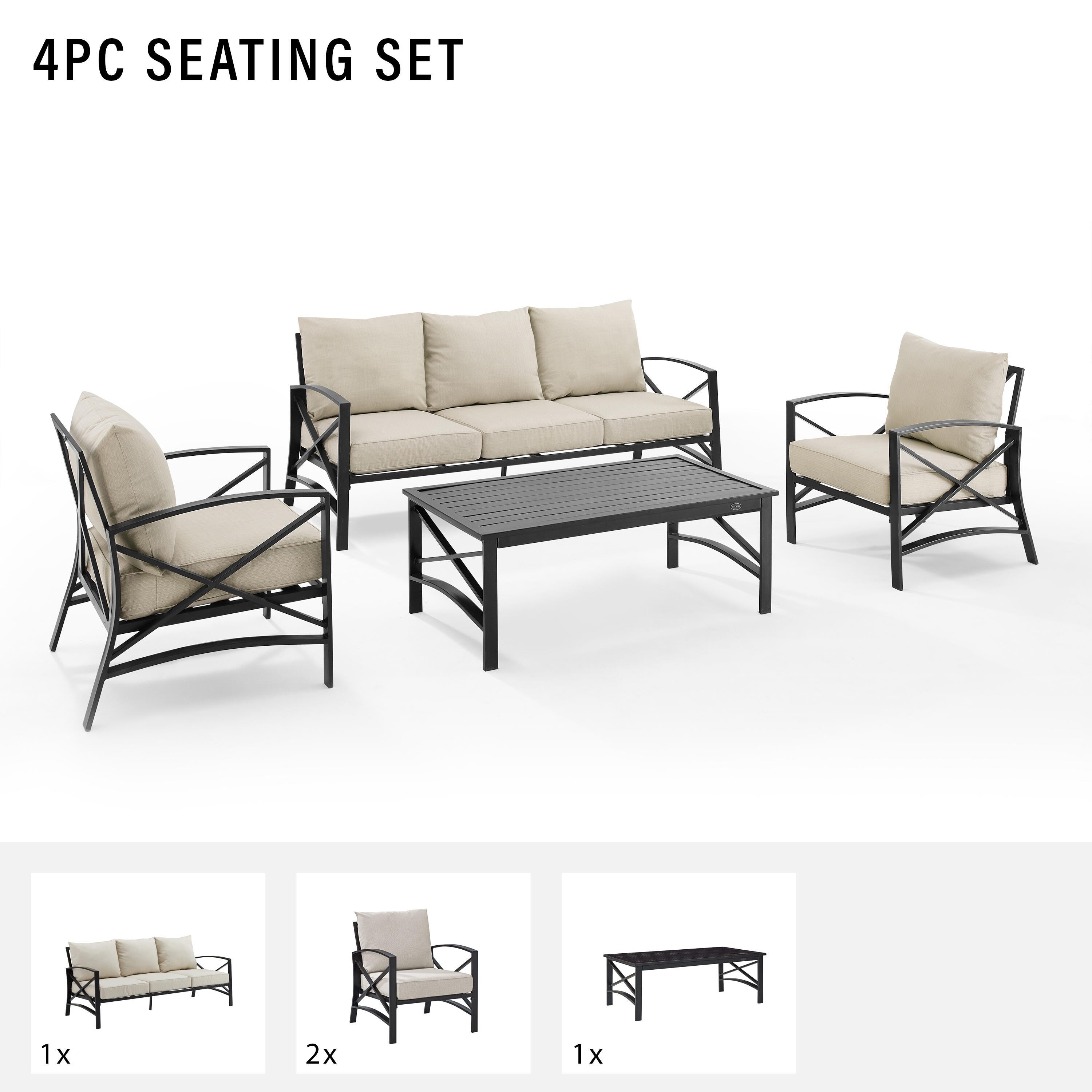 Crosley Furniture Kaplan Outdoor Sofa with Coffee Table and 2 Armchairs, Oatmeal, large