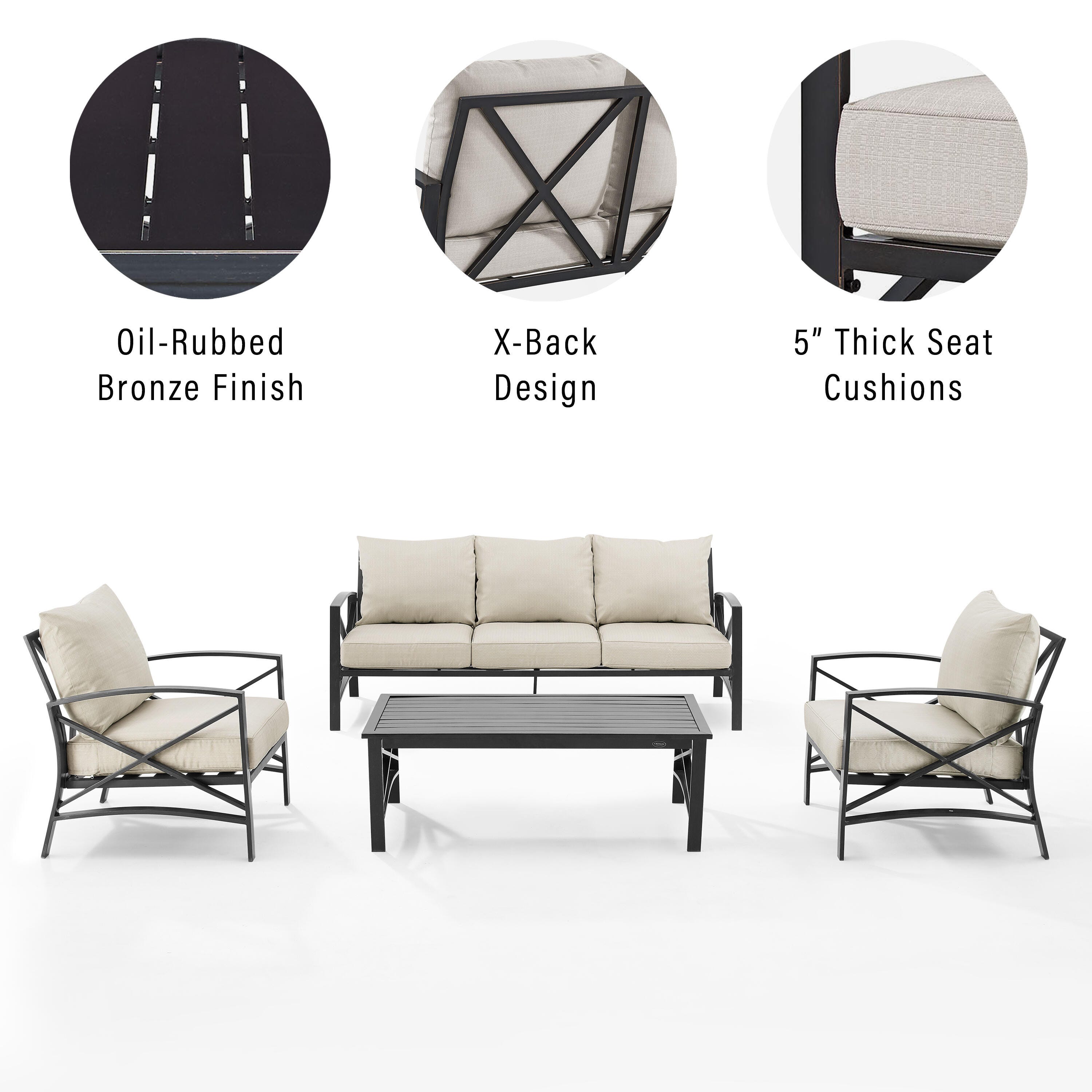 Crosley Furniture Kaplan Outdoor Sofa with Coffee Table and 2 Armchairs, Oatmeal, large