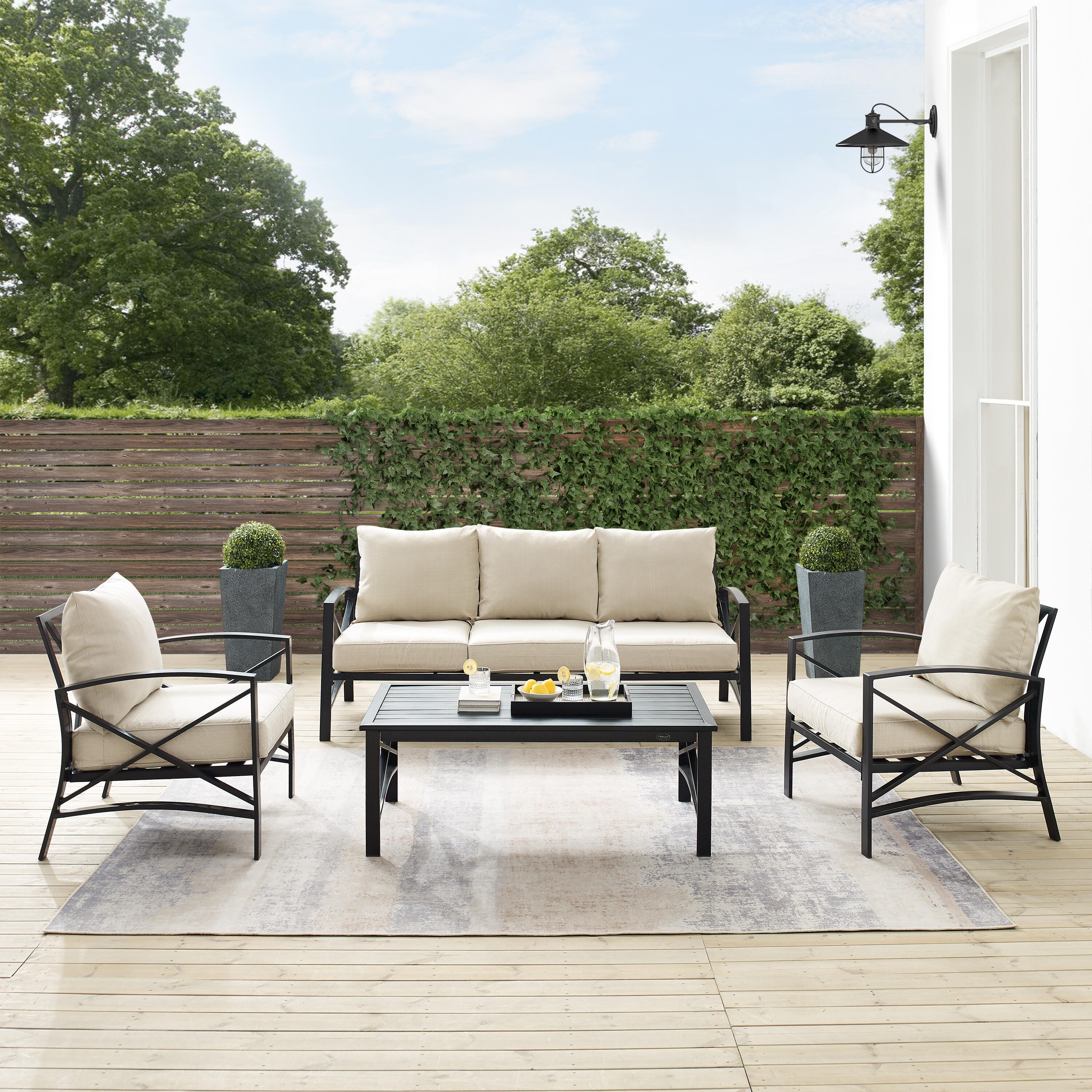 Crosley Furniture Kaplan Outdoor Sofa with Coffee Table and 2 Armchairs, Oatmeal, large