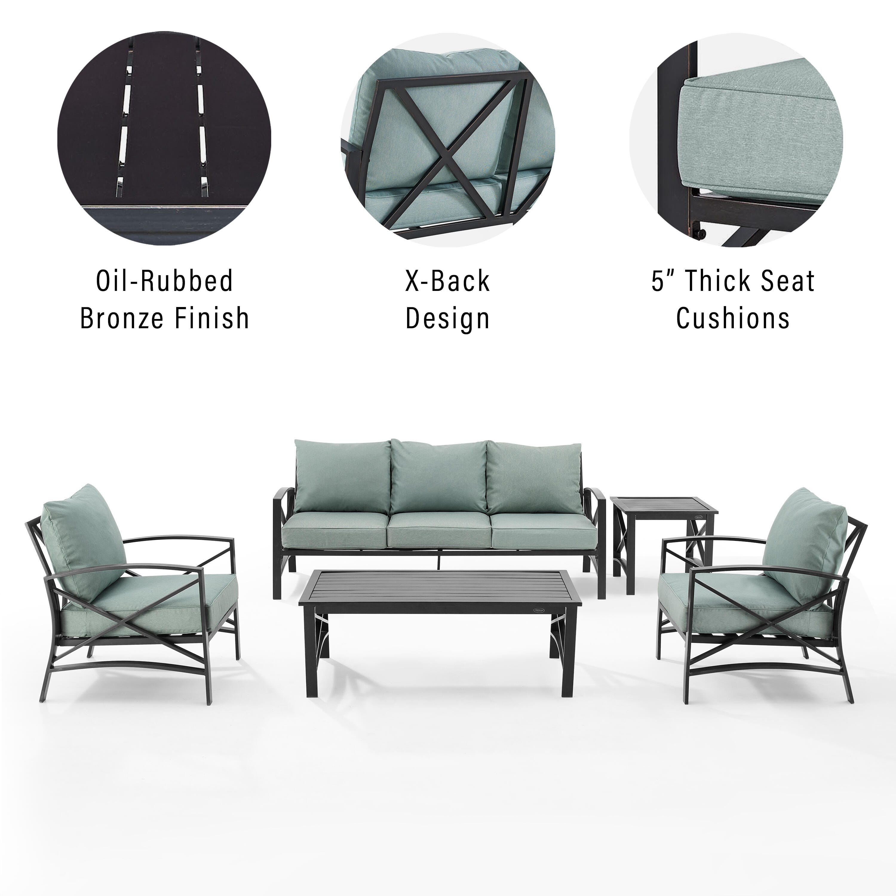 Crosley Furniture Kaplan Outdoor Conversation Set with Side Table, Mist, large