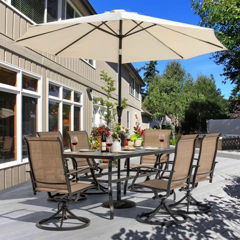 6 chair patio set with umbrella Outsunny 8-Piece Dining 9 Ft Umbrella, Mixed Brown Featuring a 63 Pamapic Outdoor Dining Sets for
