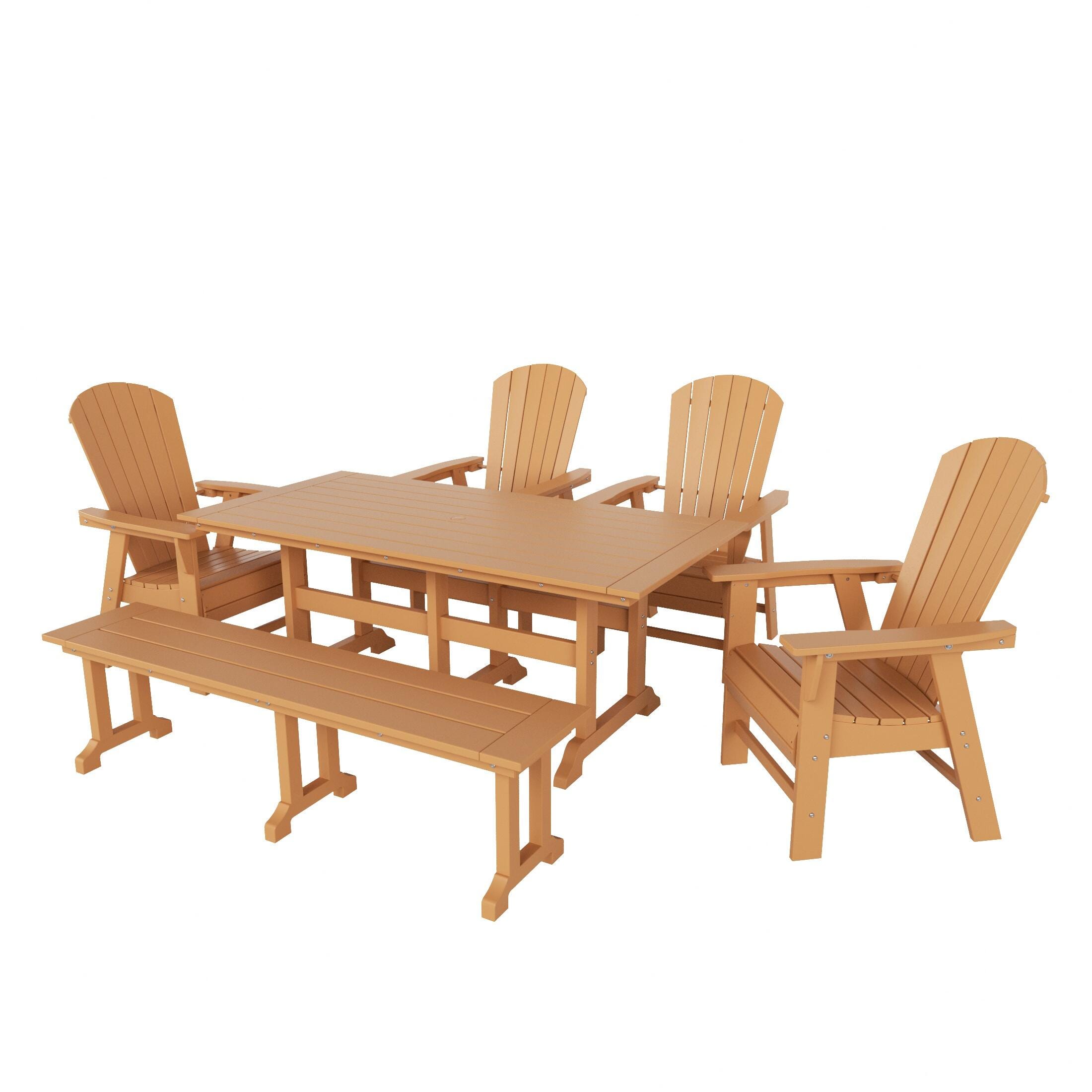 Altura Adirondack Outdoor Rectangle Table and 4 Chairs and Bench, Teak, large