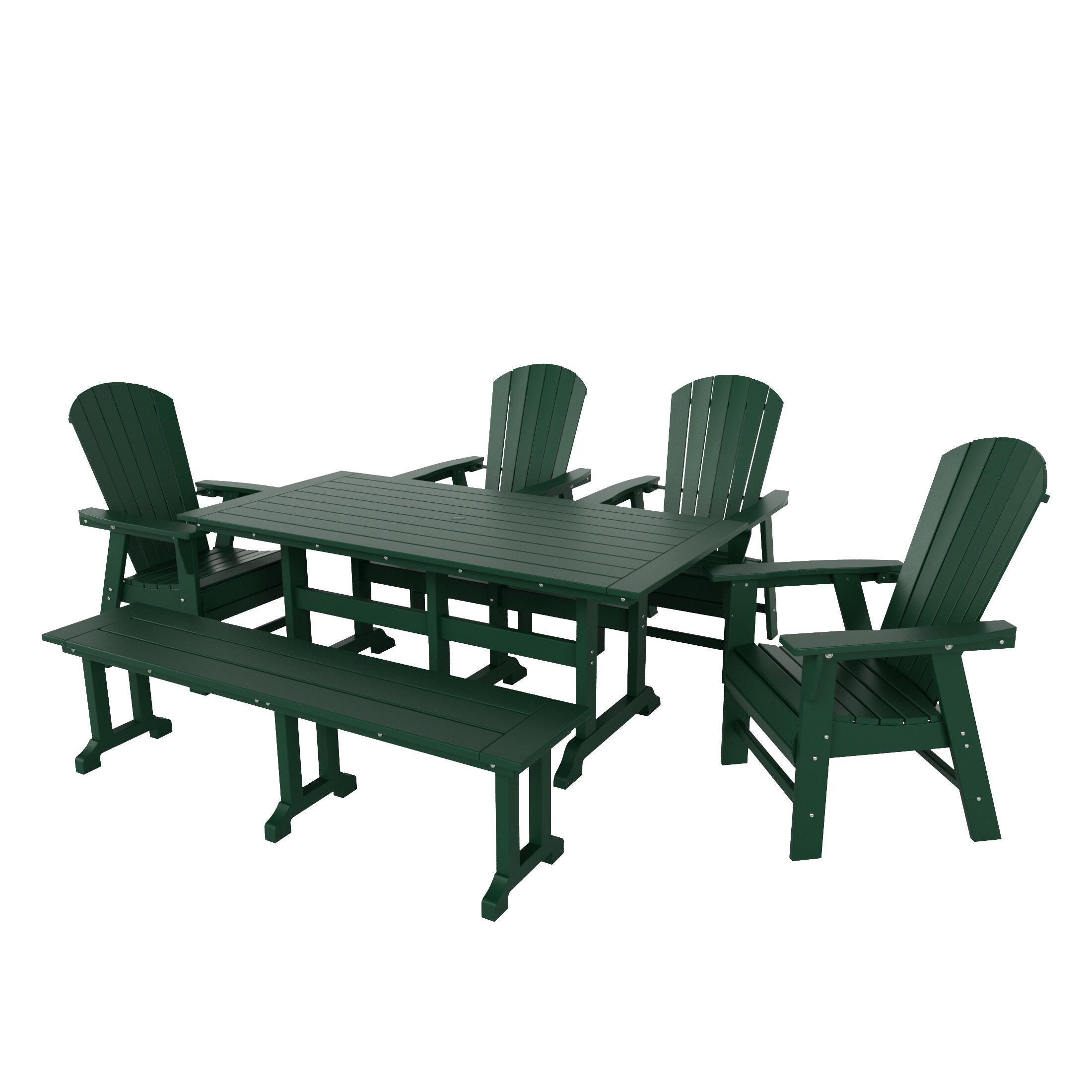 Altura Adirondack Outdoor Rectangle Table and 4 Chairs and Bench, Dark Green, large