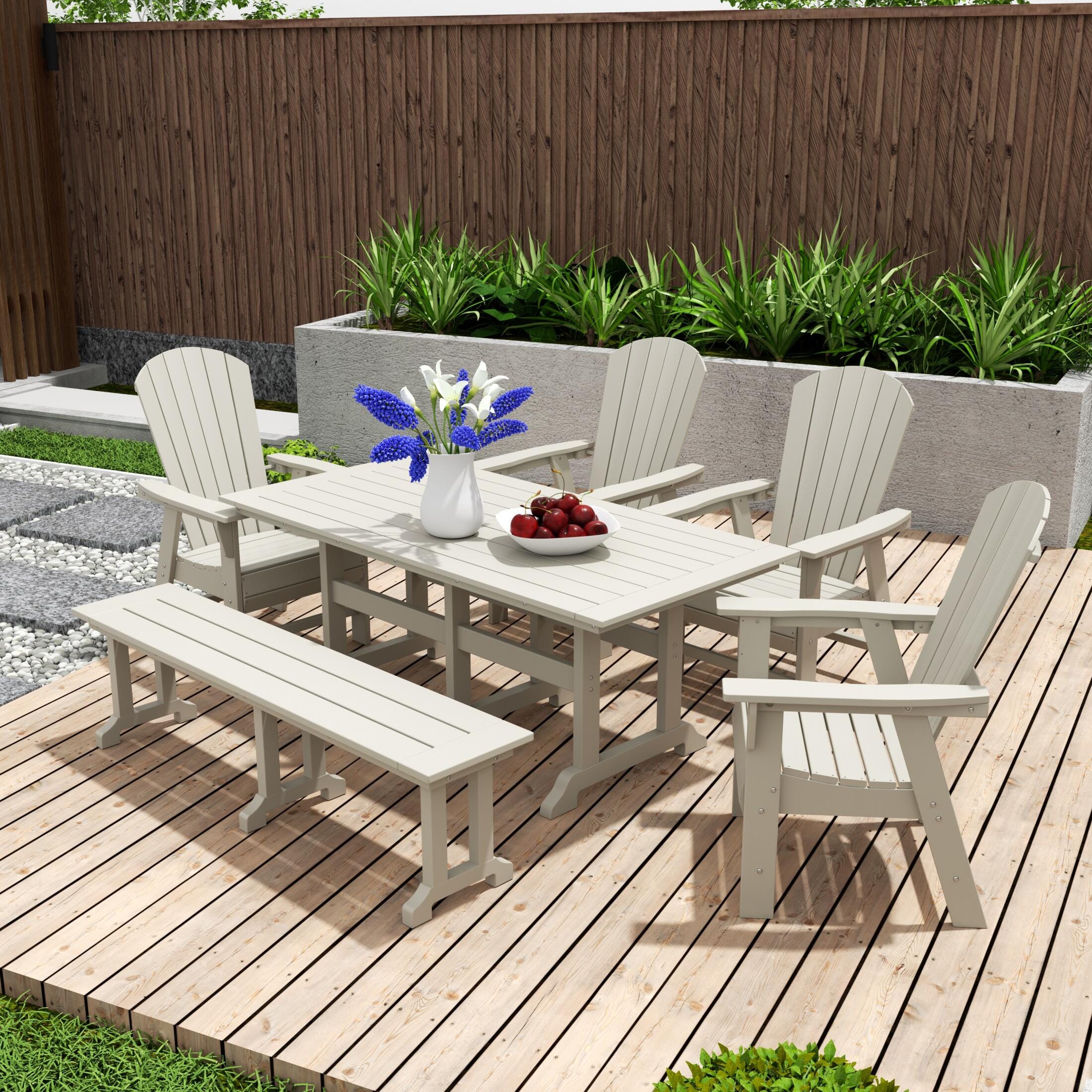 Altura Adirondack Outdoor Rectangle Table and 4 Chairs and Bench, Sand, rollover