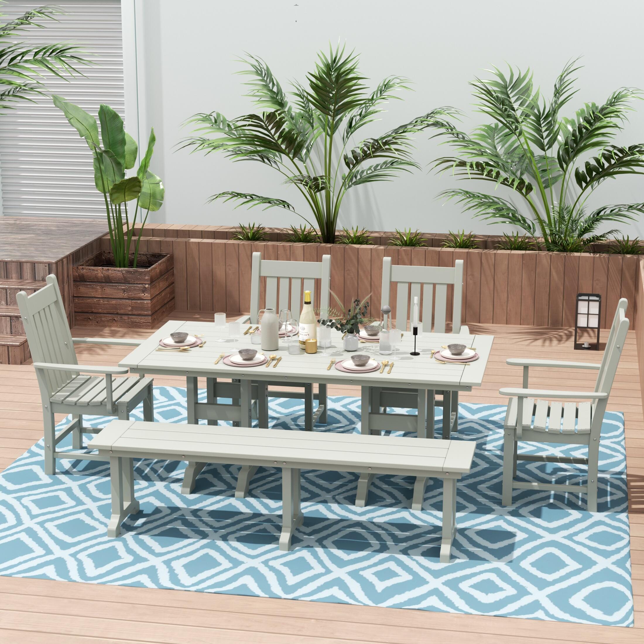 Laguna Outdoor Square Table and 4 Armchairs and Bench, Sand, rollover