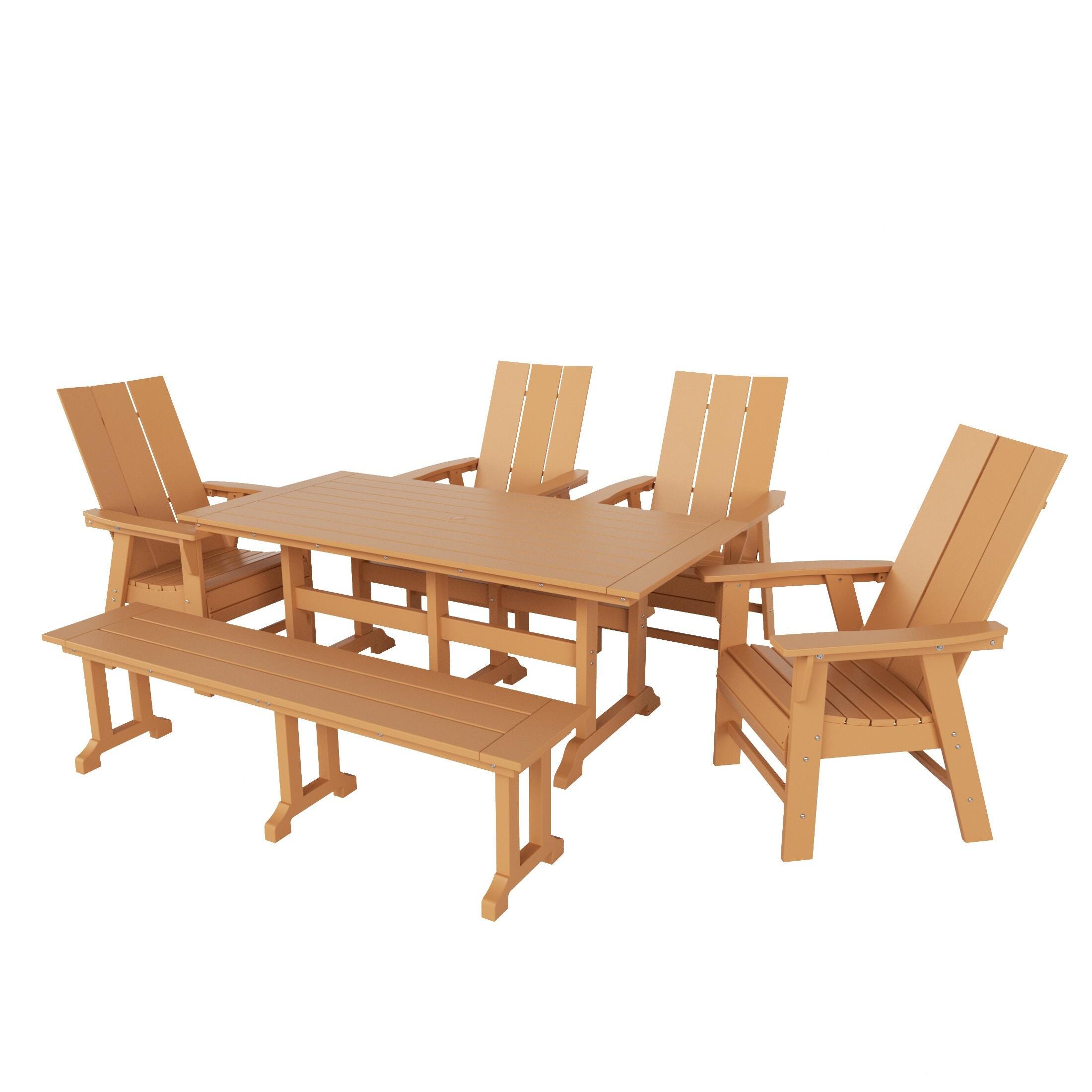 Shoreside Outdoor Curveback Adirondack Dining Table and 4 Chairs and Bench, Teak, large