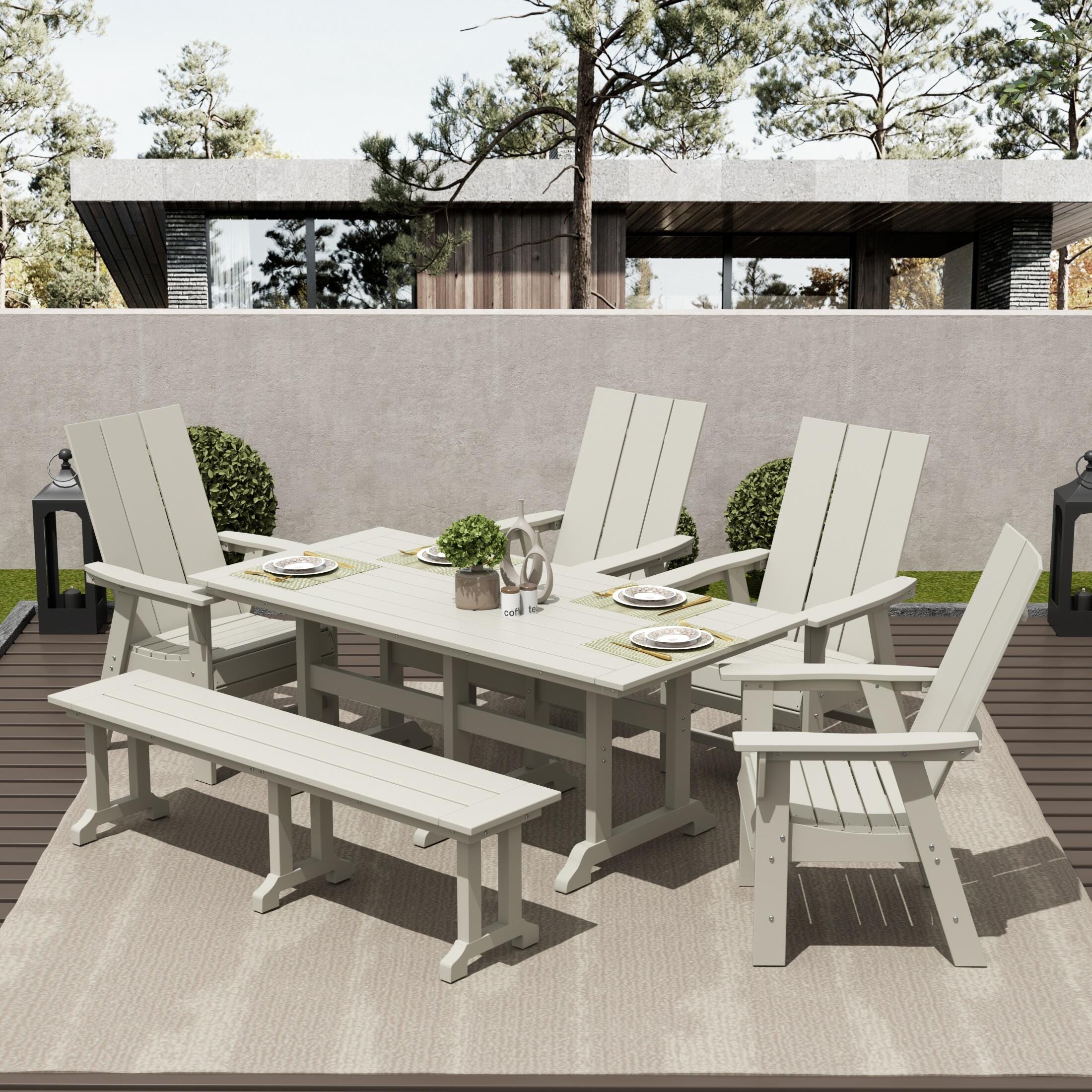 Shoreside Outdoor Curveback Adirondack Dining Table and 4 Chairs and Bench, Sand, rollover