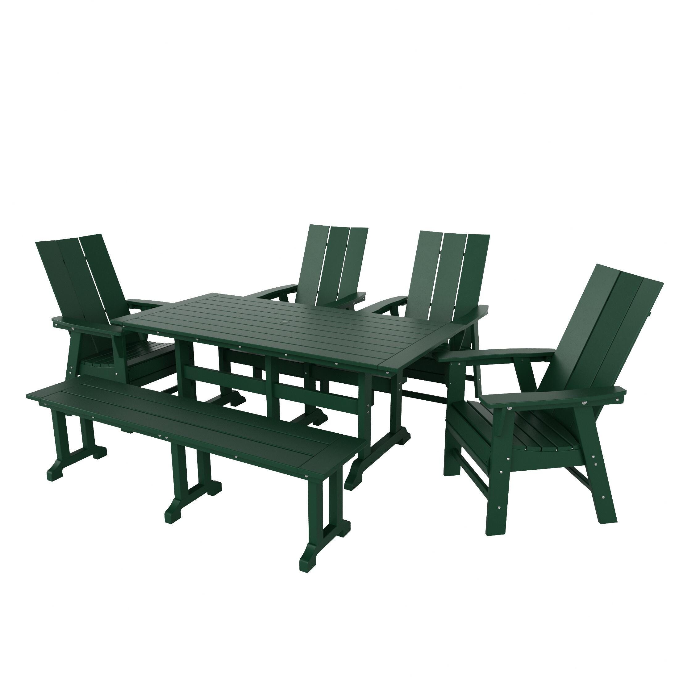 Shoreside Outdoor Curveback Adirondack Dining Table and 4 Chairs and Bench, Dark Green, large