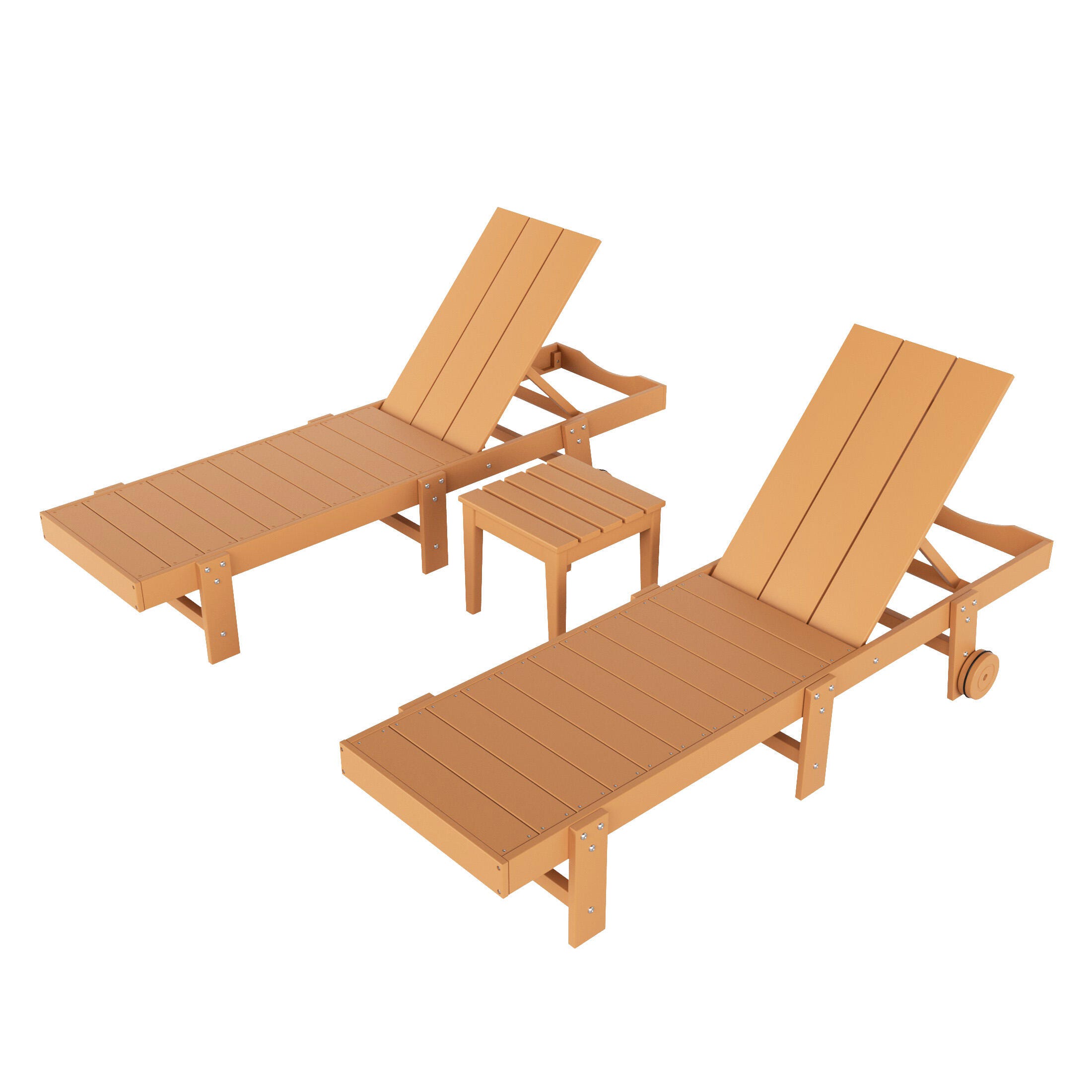 Shoreside Reclining Chaise Lounges With Wheels and Side Table (Set of 3), Teak