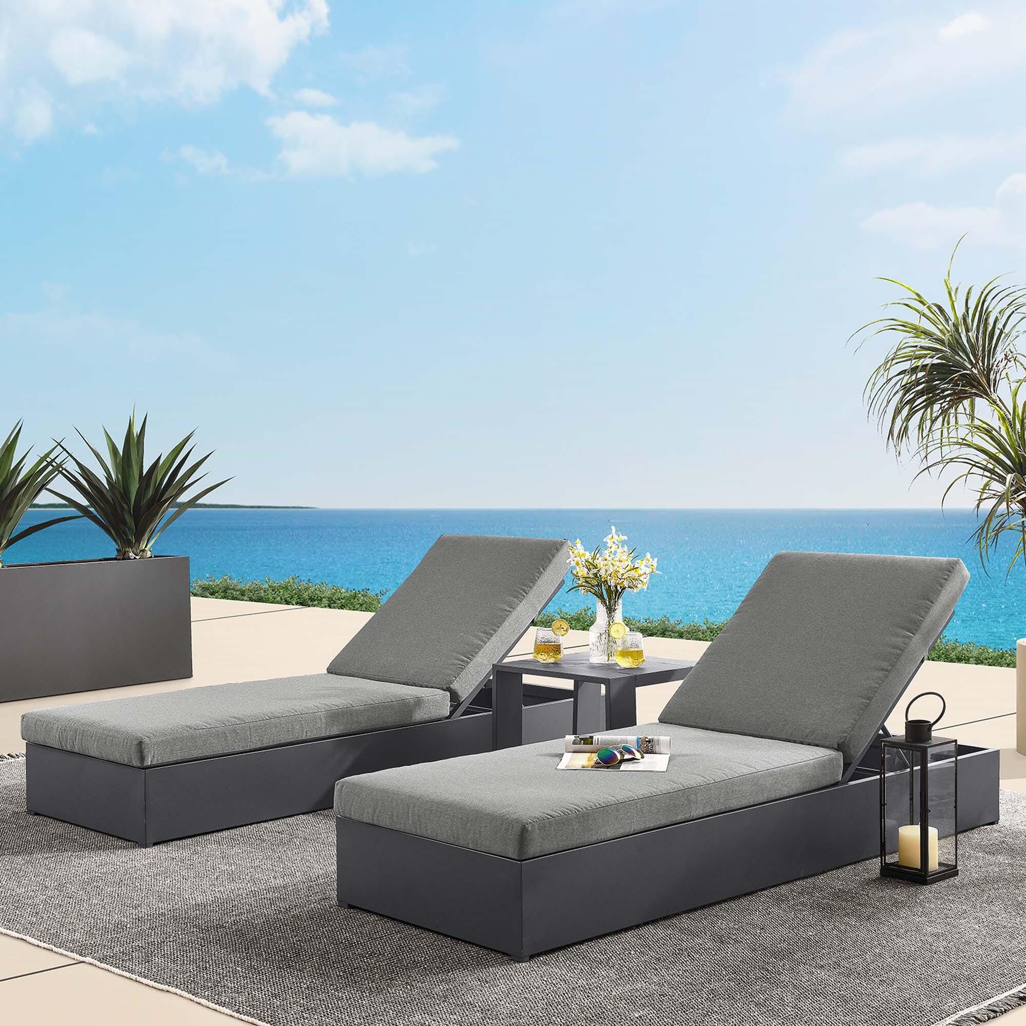 Modway Tahoe Outdoor 2 Chaise Lounge and Side Table, Gray/Charcoal, large