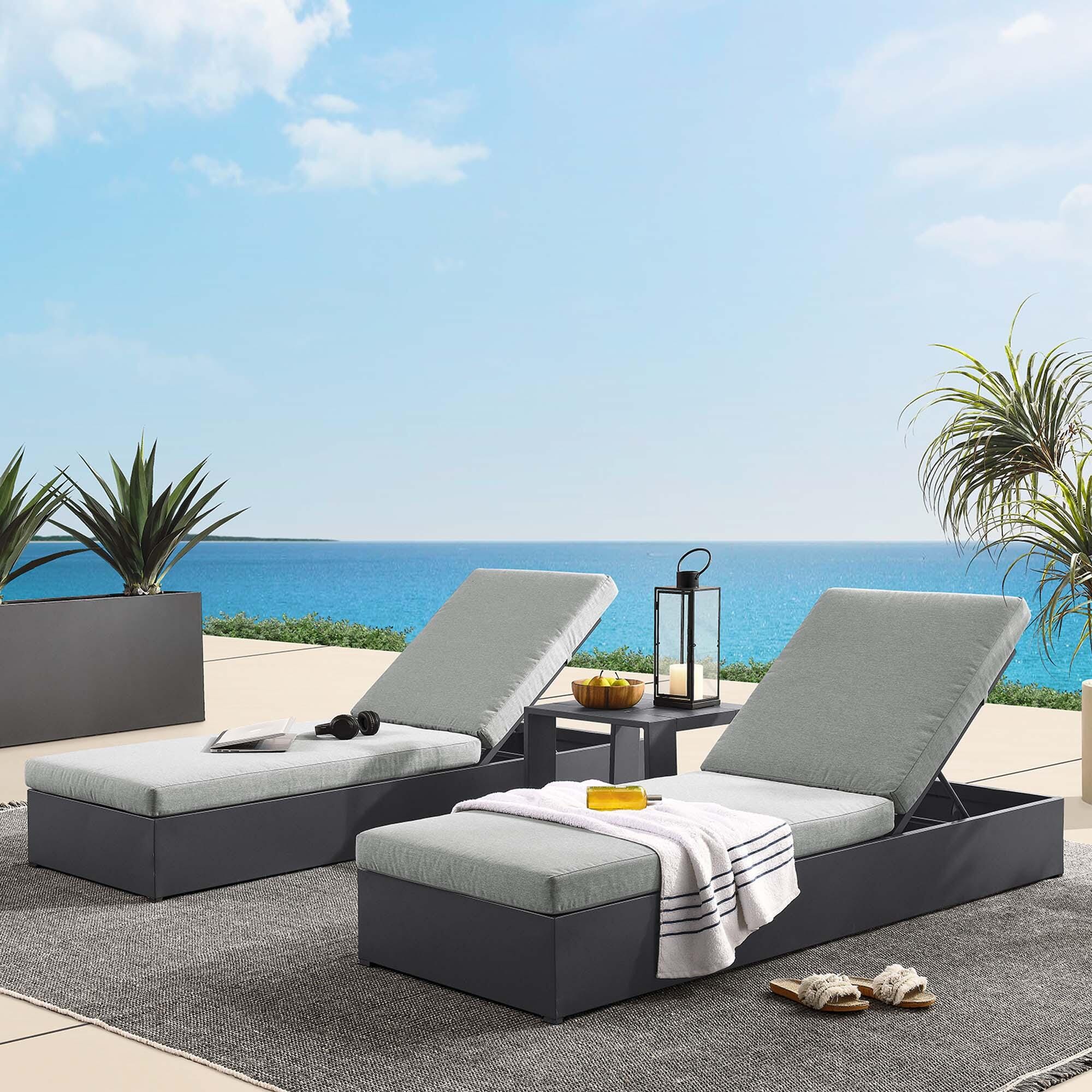 Modway Tahoe Outdoor 2 Chaise Lounge and Side Table, Gray/Gray, large