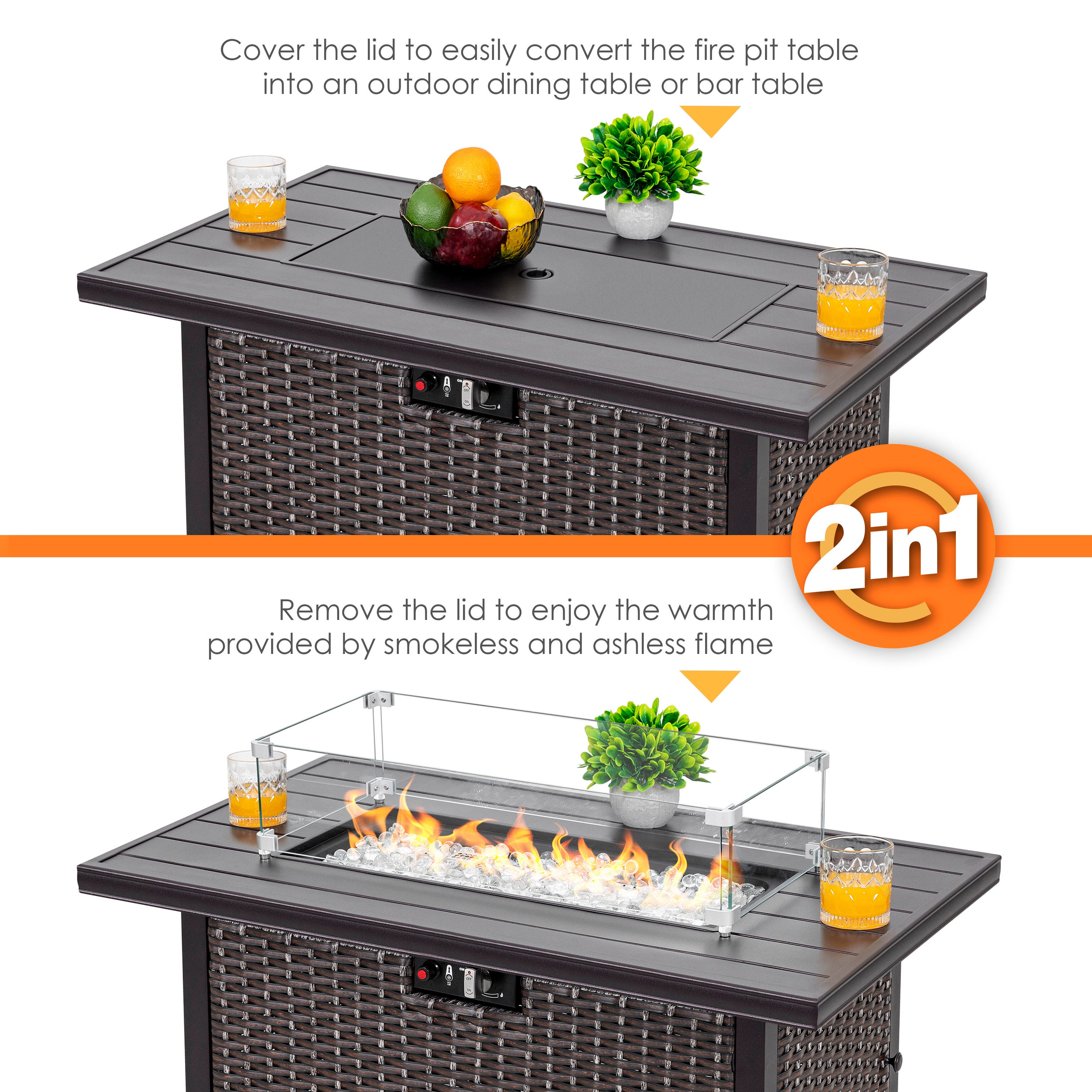 Nuu Garden Outdoor Fire Pit Table with Glass Wind Guard, , large