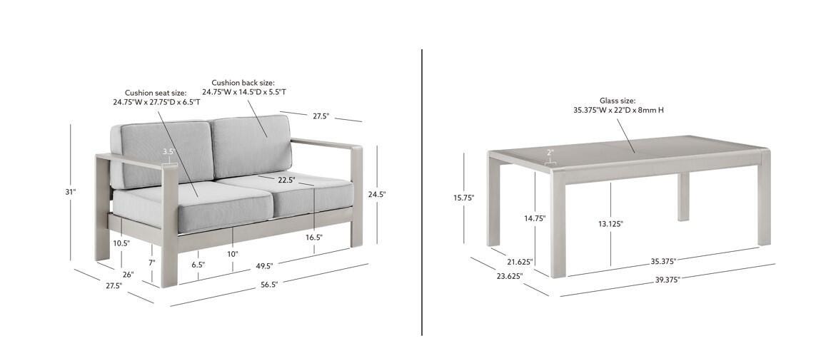 Linon Rosemary Outdoor Sofa and Coffee Table, Gray, large