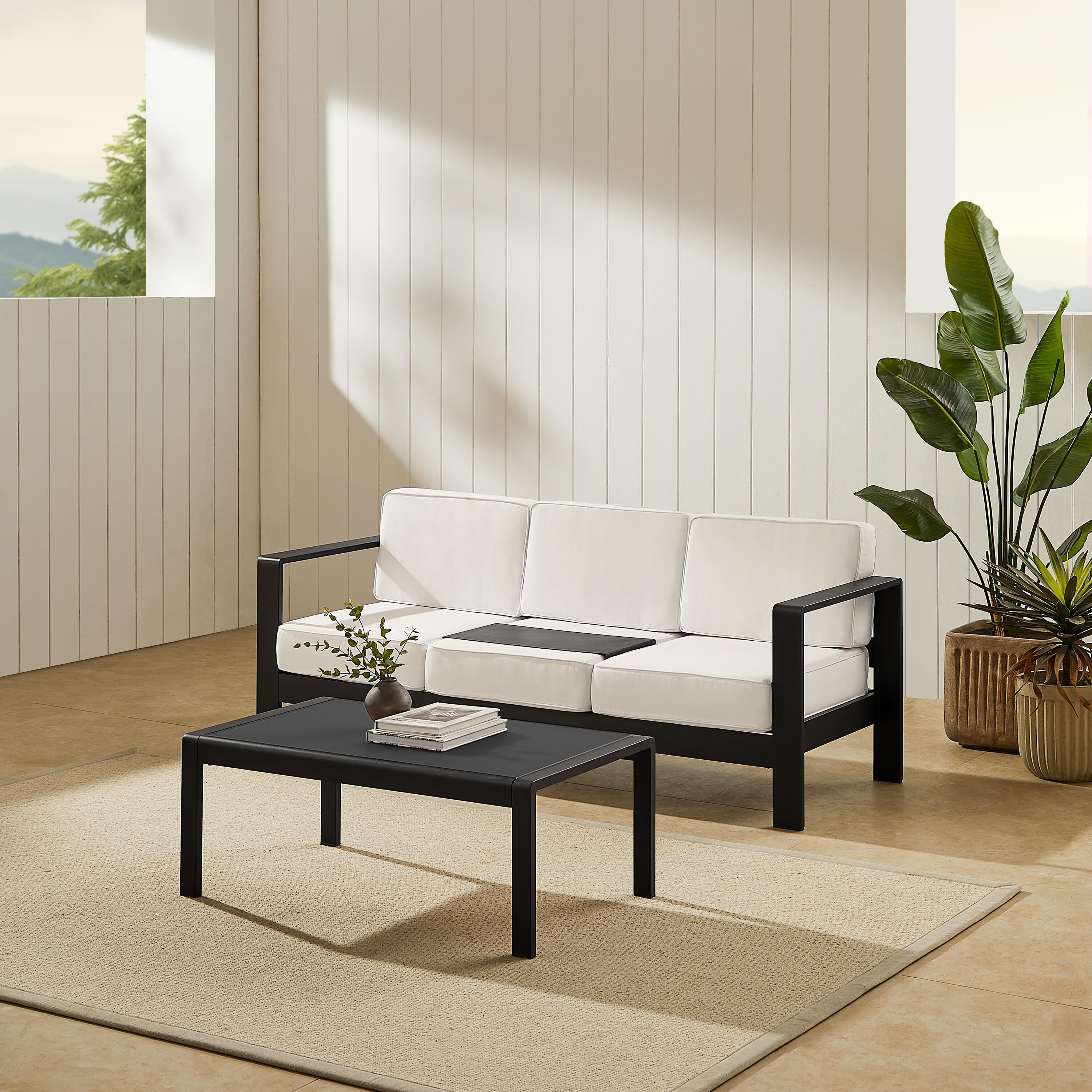 Linon Rosemary Outdoor Sofa and Coffee Table Set, Black, rollover
