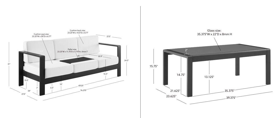 Linon Rosemary Outdoor Sofa and Coffee Table Set, Black, large
