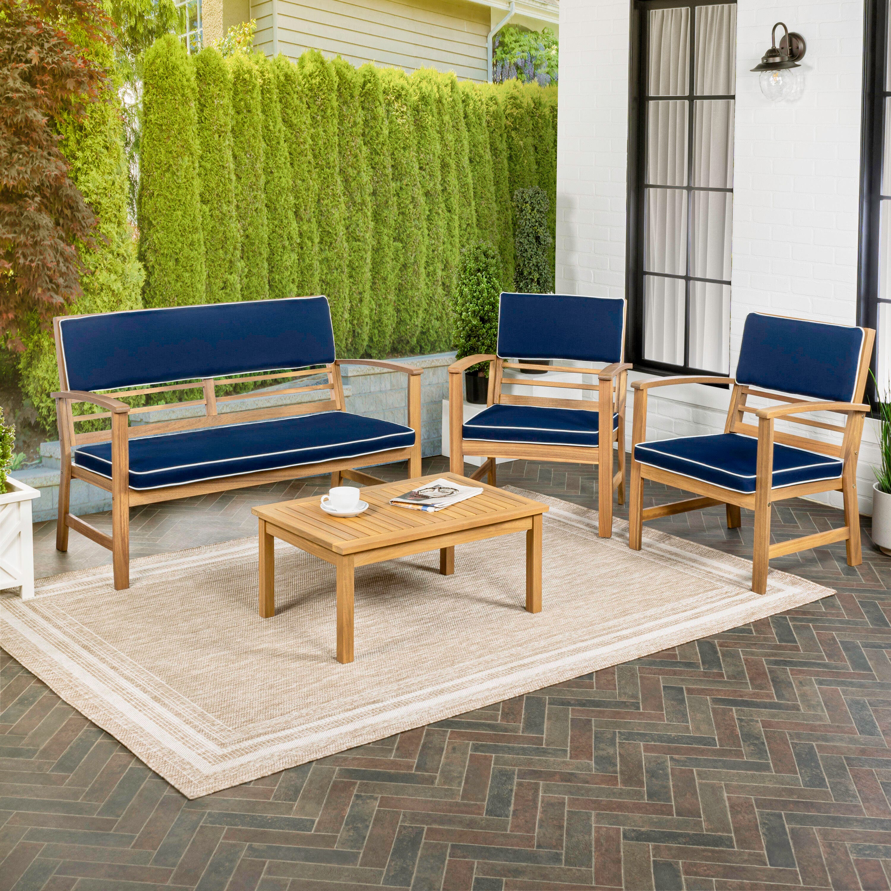 JONATHAN Y Barclay Outdoor Sofa and 2 Chairs with Coffee Table, Navy, large