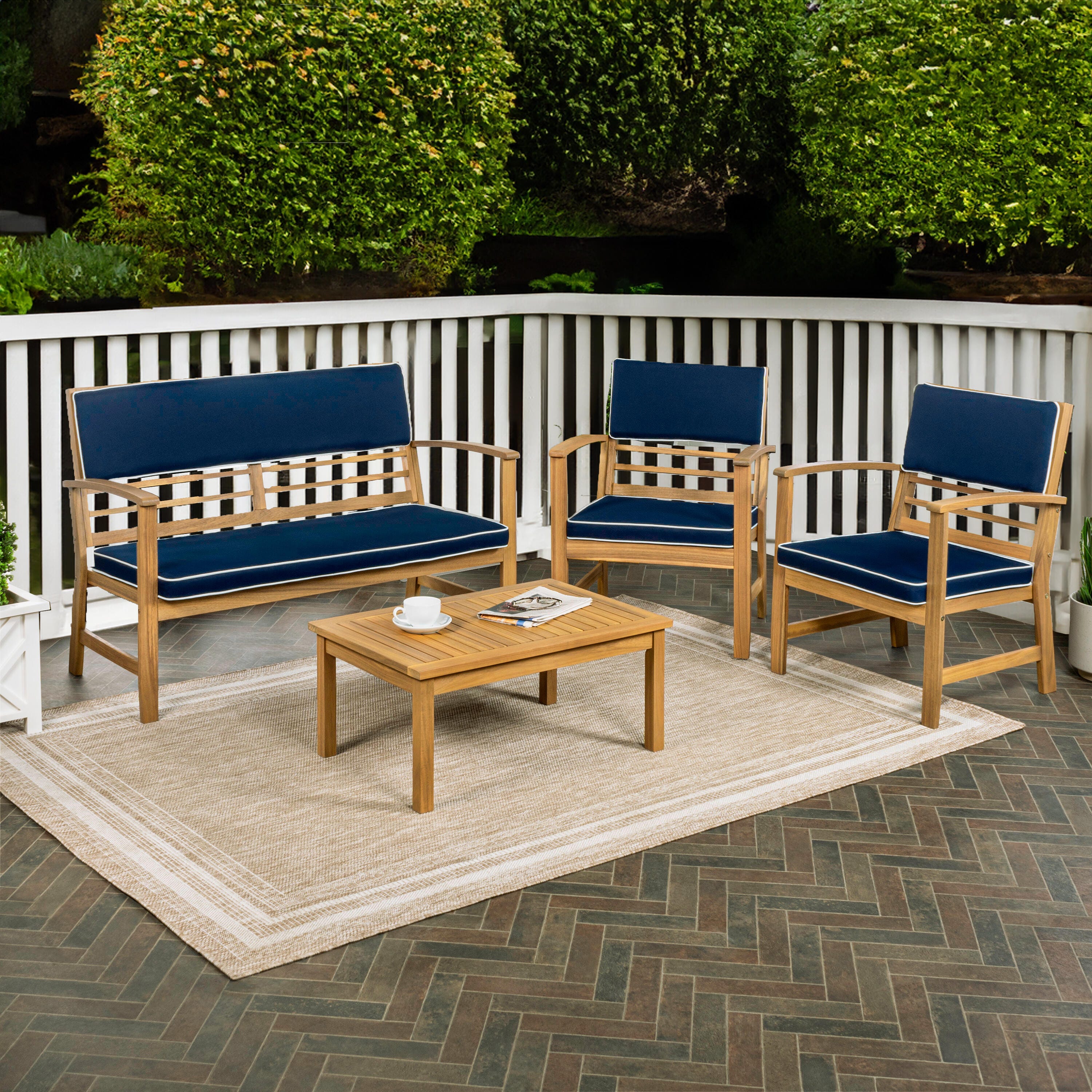 JONATHAN Y Barclay Outdoor Sofa and 2 Chairs with Coffee Table, Navy, large