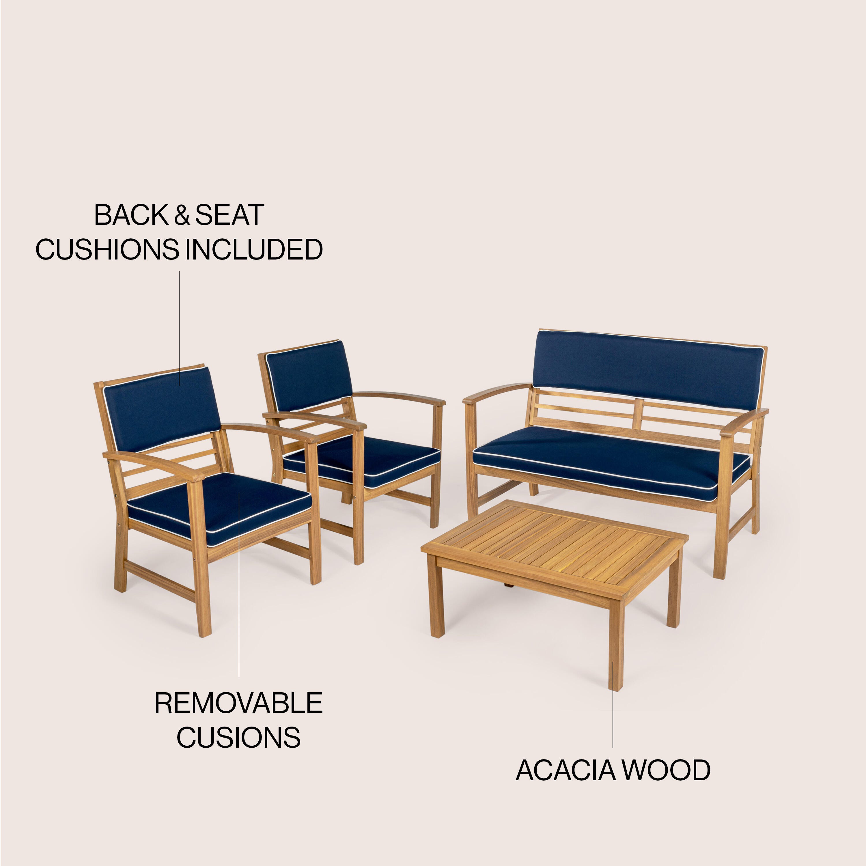 JONATHAN Y Barclay Outdoor Sofa and 2 Chairs with Coffee Table, Navy, large