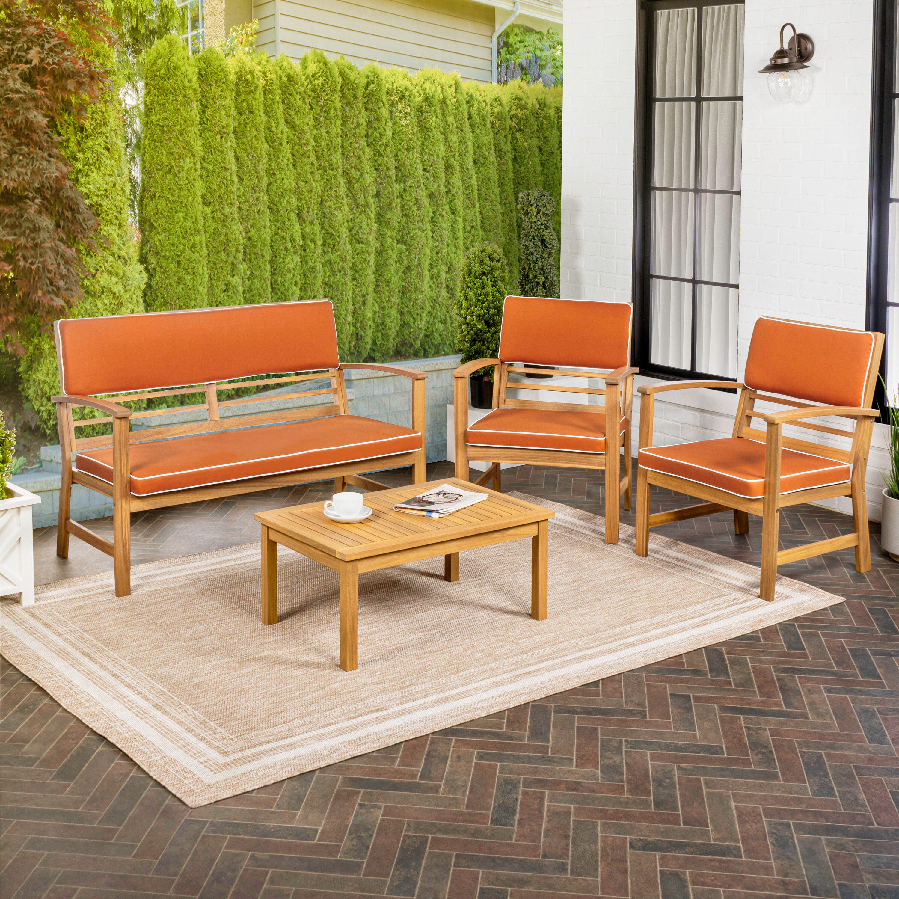 JONATHAN Y Barclay Outdoor Sofa and 2 Chairs with Coffee Table, Orange, large