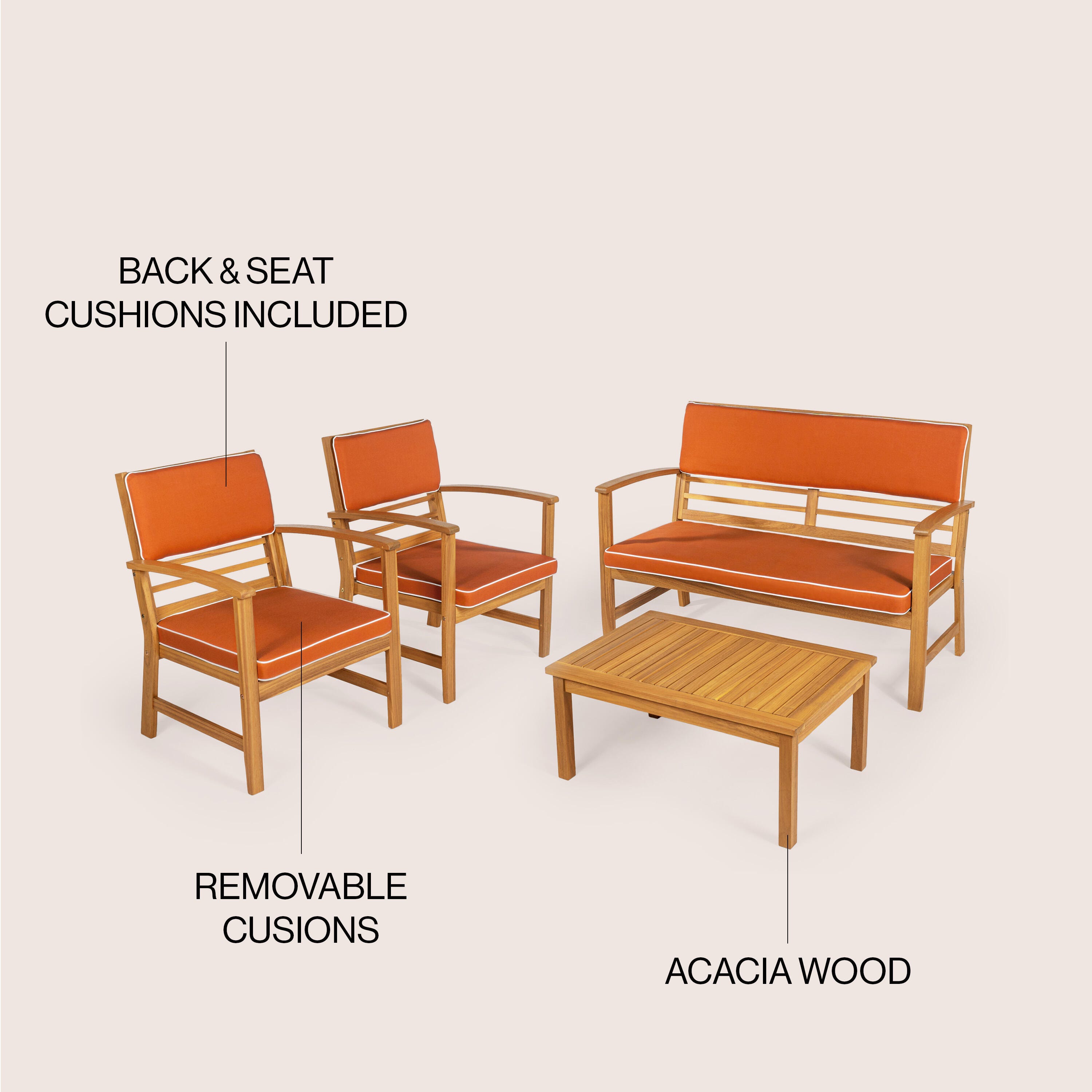 JONATHAN Y Barclay Outdoor Sofa and 2 Chairs with Coffee Table, Orange, large