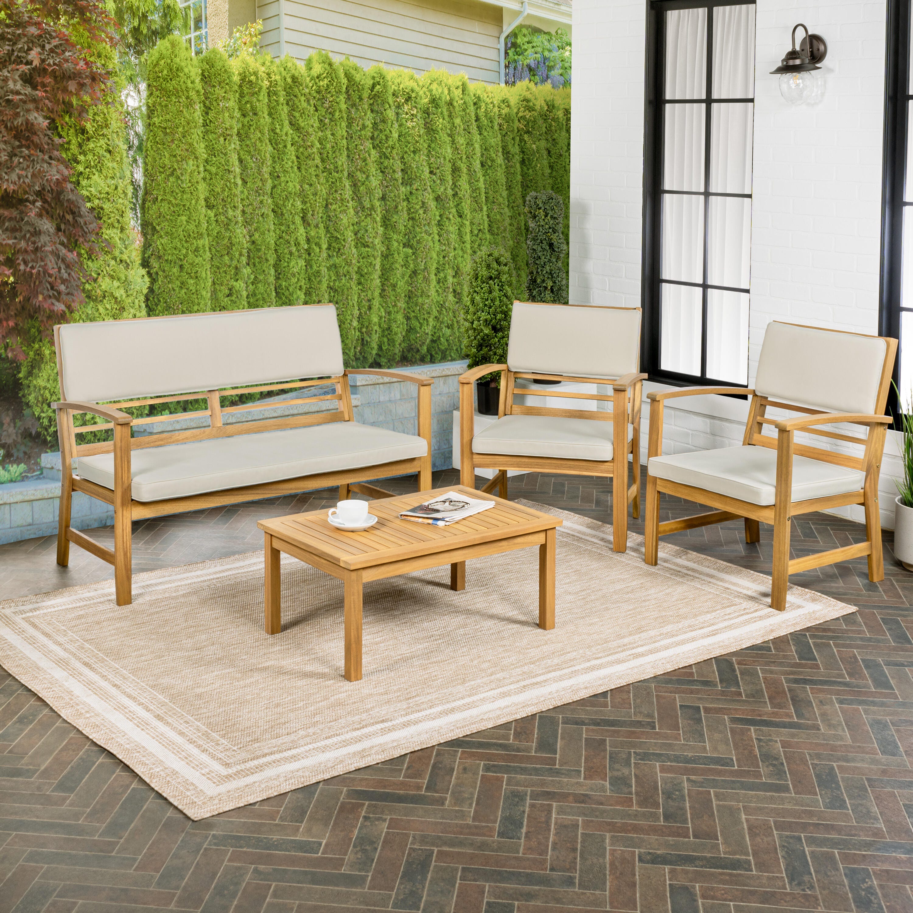 JONATHAN Y Barclay Outdoor Sofa and 2 Chairs with Coffee Table, Tan, large