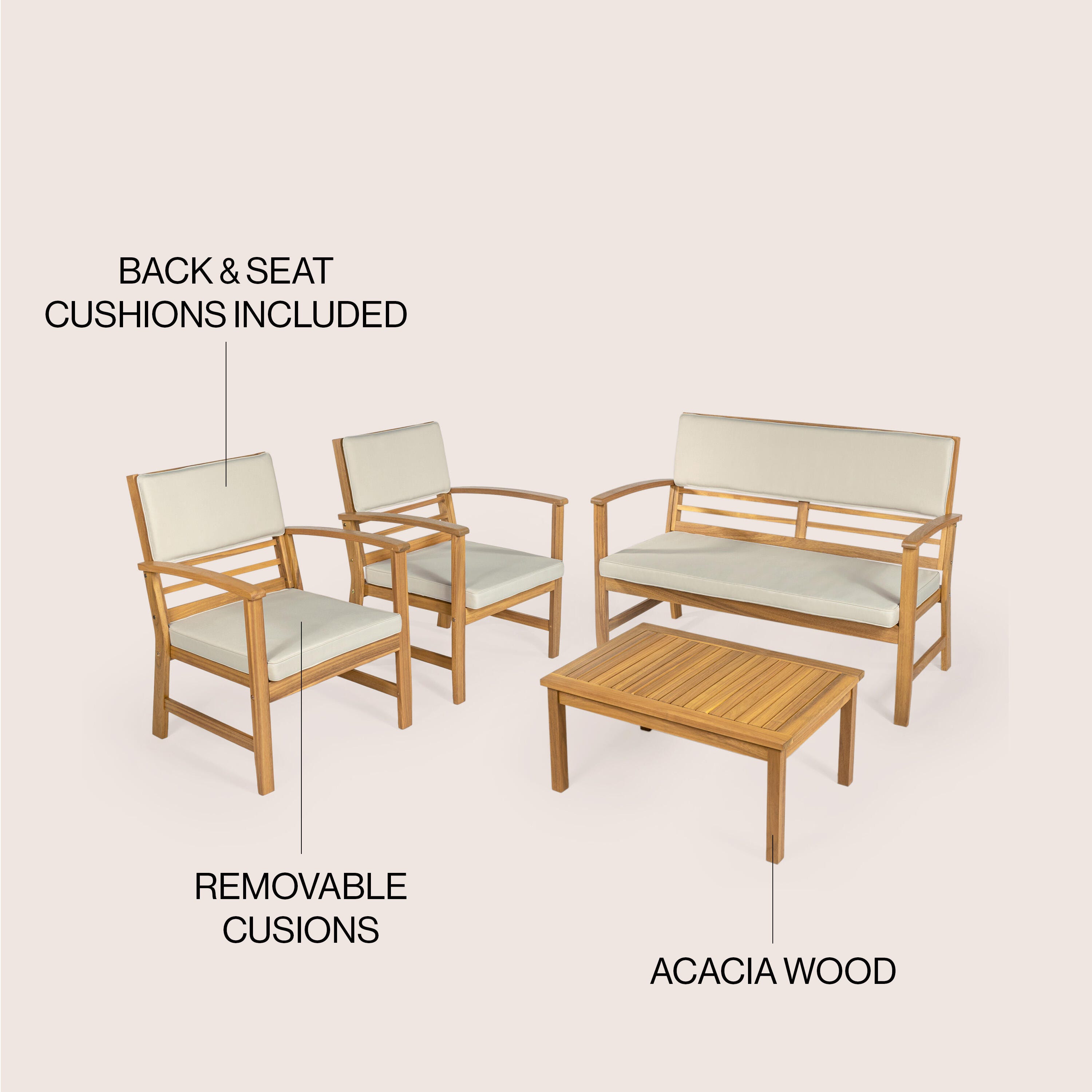 JONATHAN Y Barclay Outdoor Sofa and 2 Chairs with Coffee Table, Tan, large