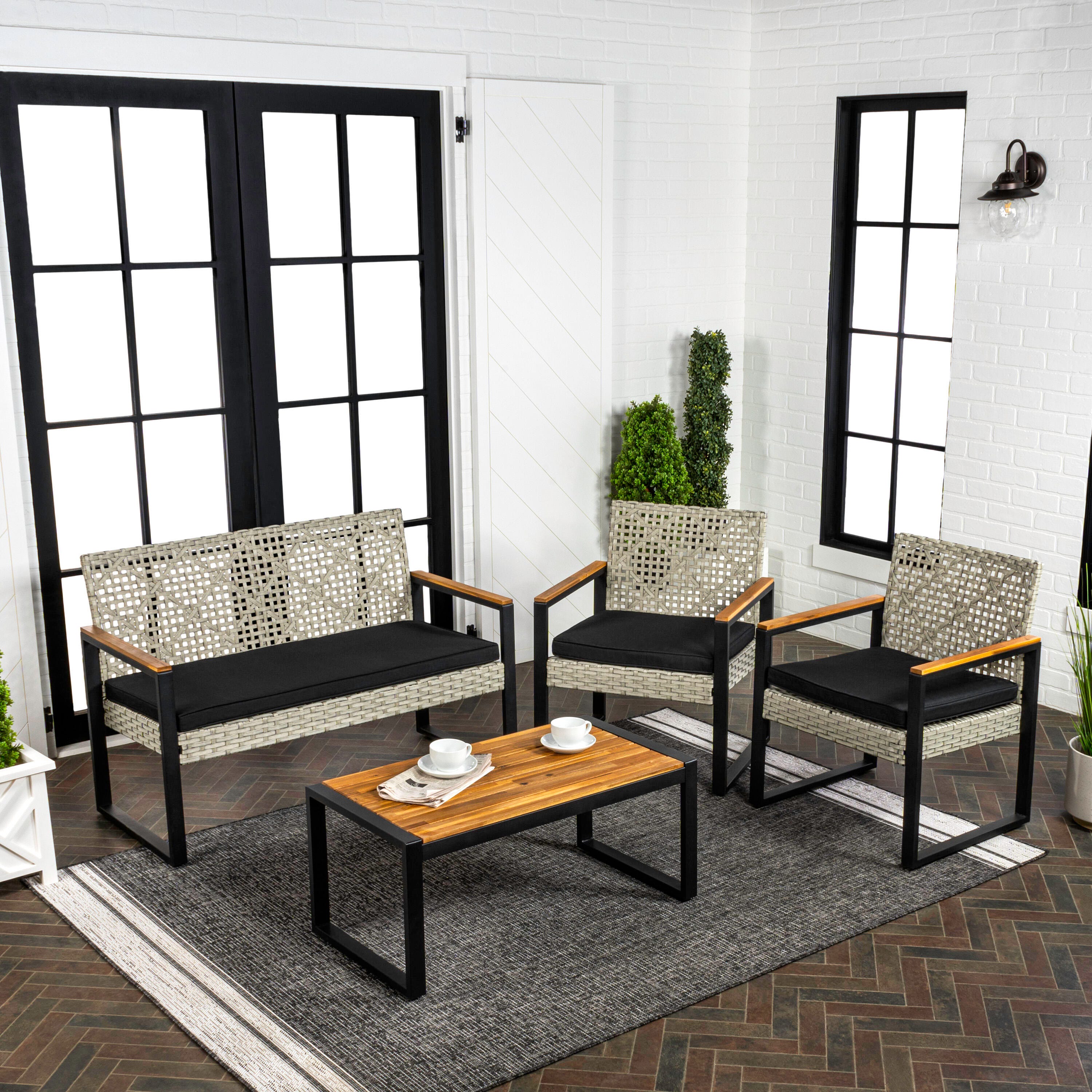 JONATHAN Y Wilder Outdoor Sofa and 2 Chairs with Coffee Table, , large
