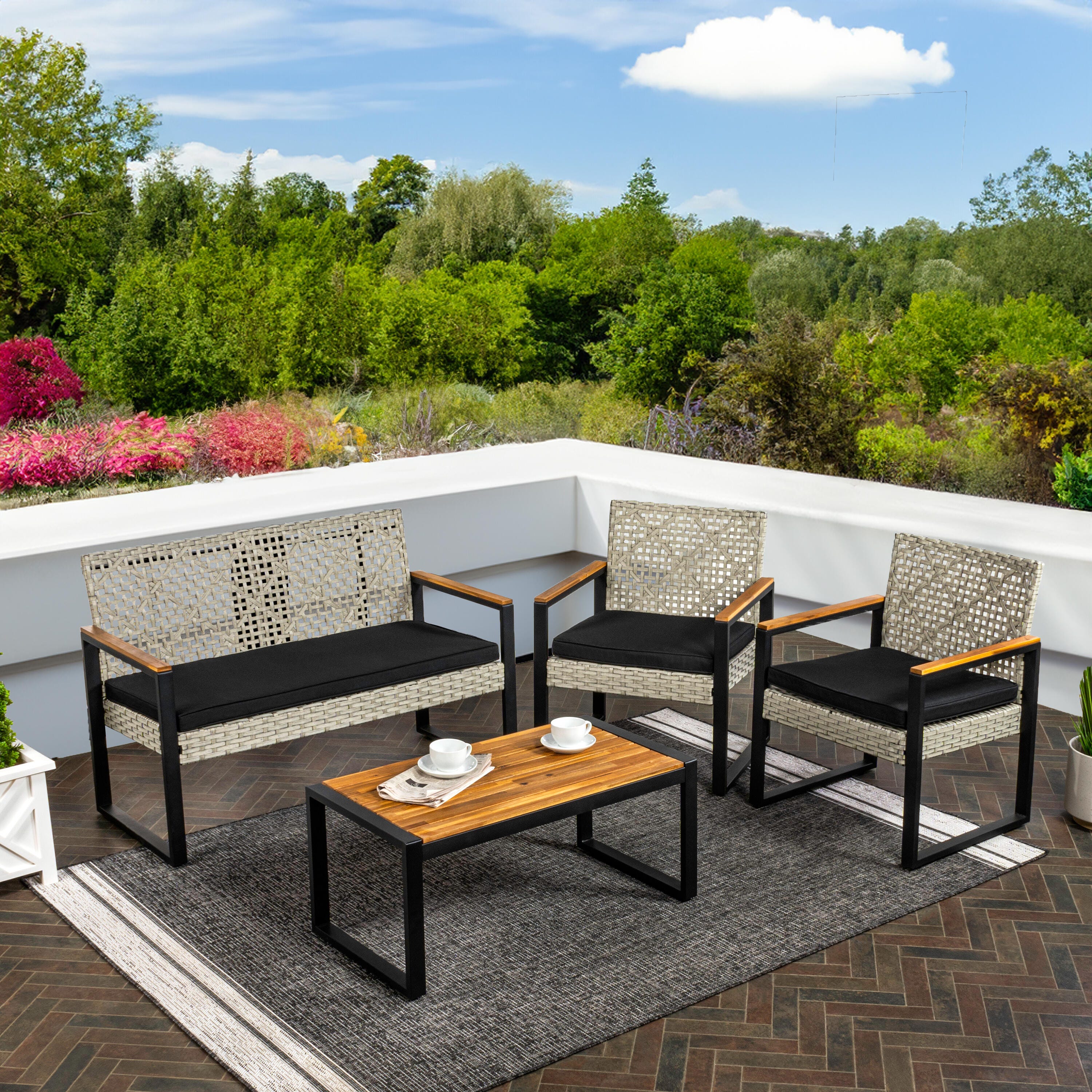 JONATHAN Y Wilder Outdoor Sofa and 2 Chairs with Coffee Table, , large
