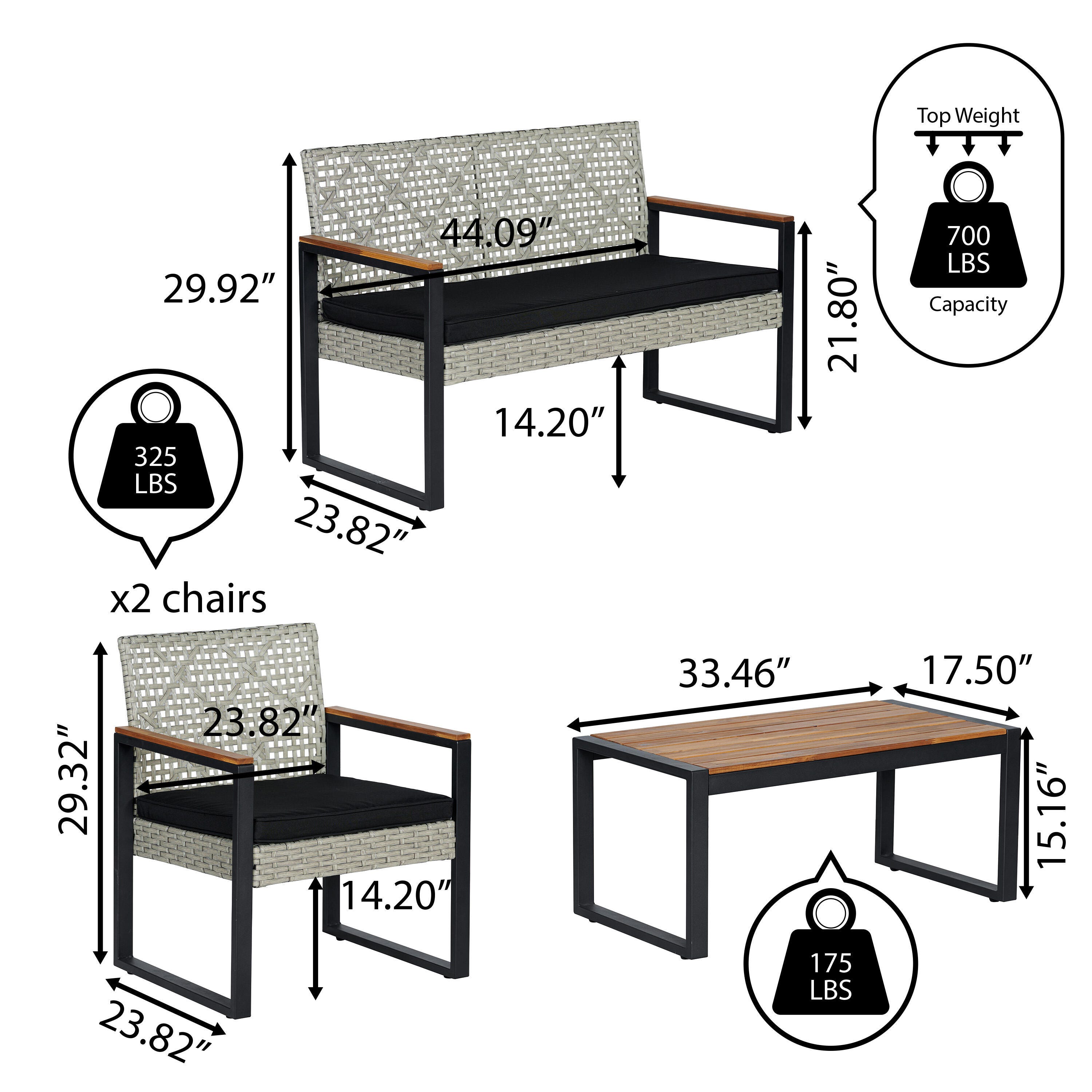 JONATHAN Y Wilder Outdoor Sofa and 2 Chairs with Coffee Table, , large