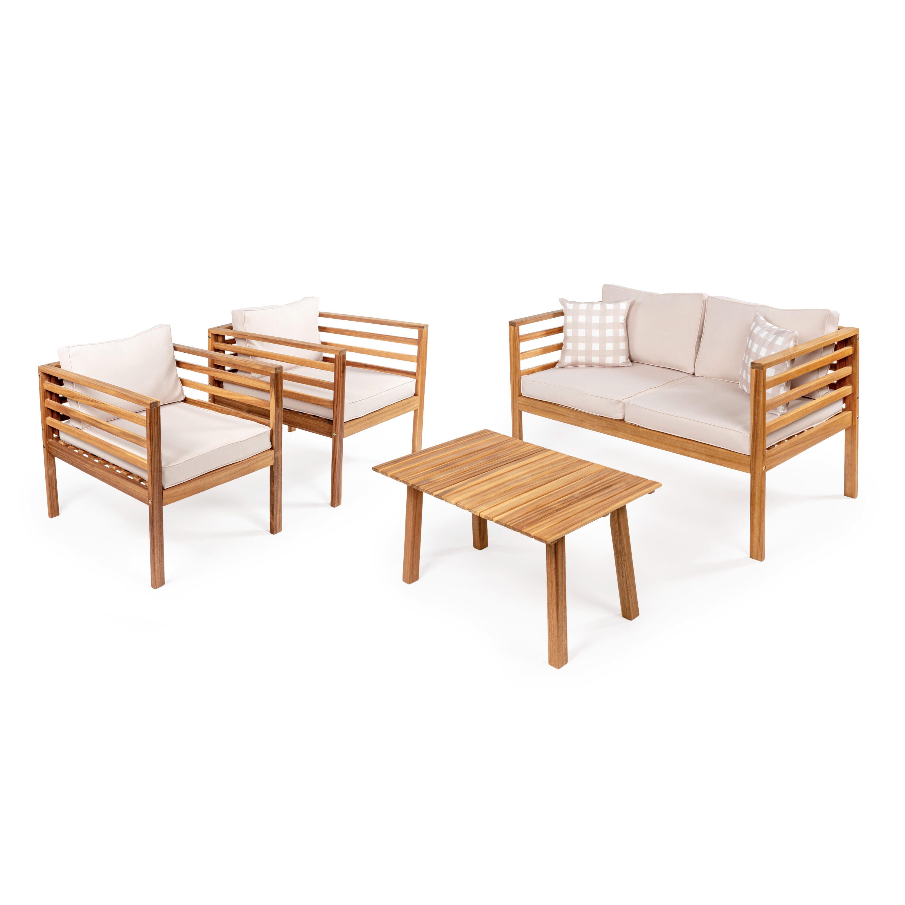 JONATHAN Y Thom Outdoor Sofa and 2 Chairs with Coffee Table, Tan, large
