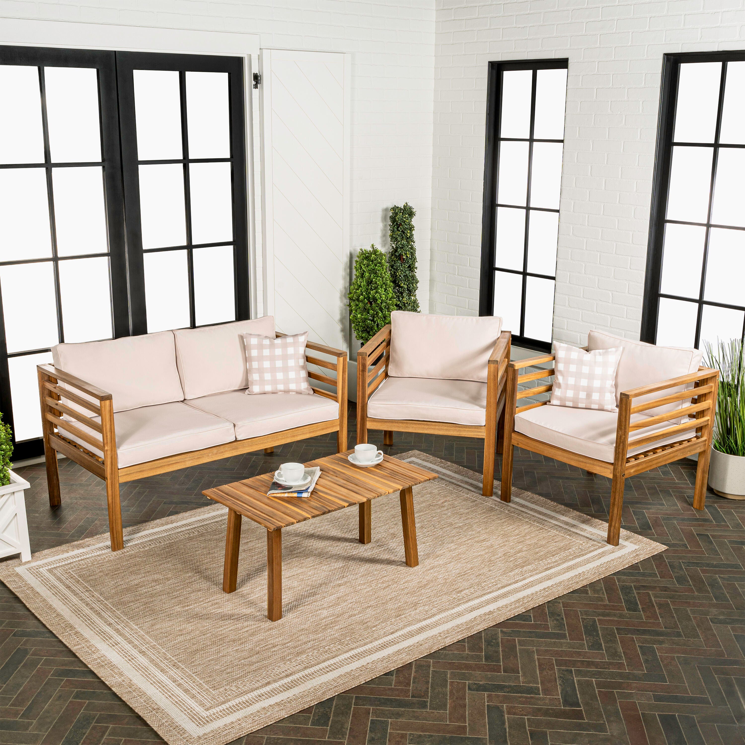 JONATHAN Y Thom Outdoor Sofa and 2 Chairs with Coffee Table, Tan, large