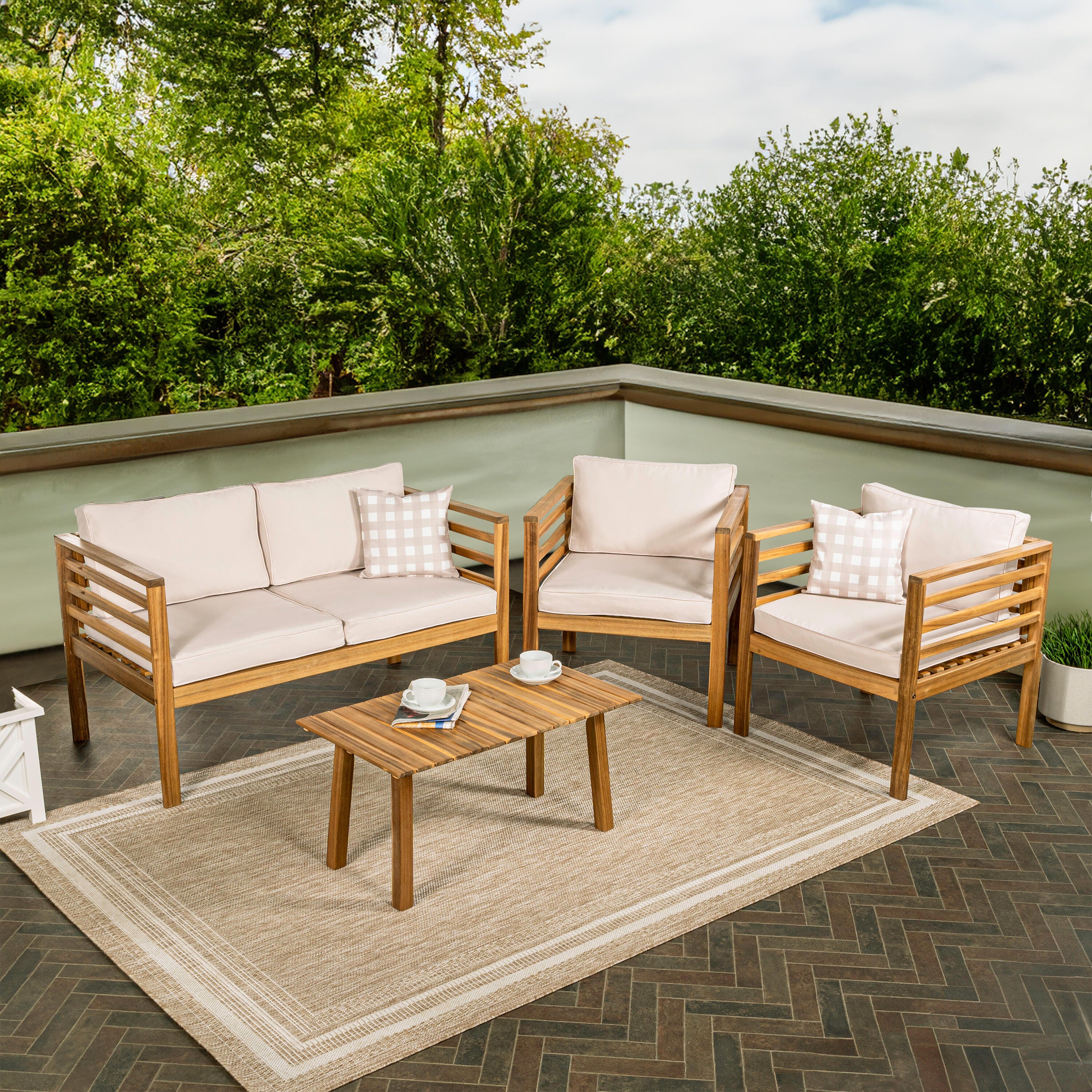 JONATHAN Y Thom Outdoor Sofa and 2 Chairs with Coffee Table, Tan, large