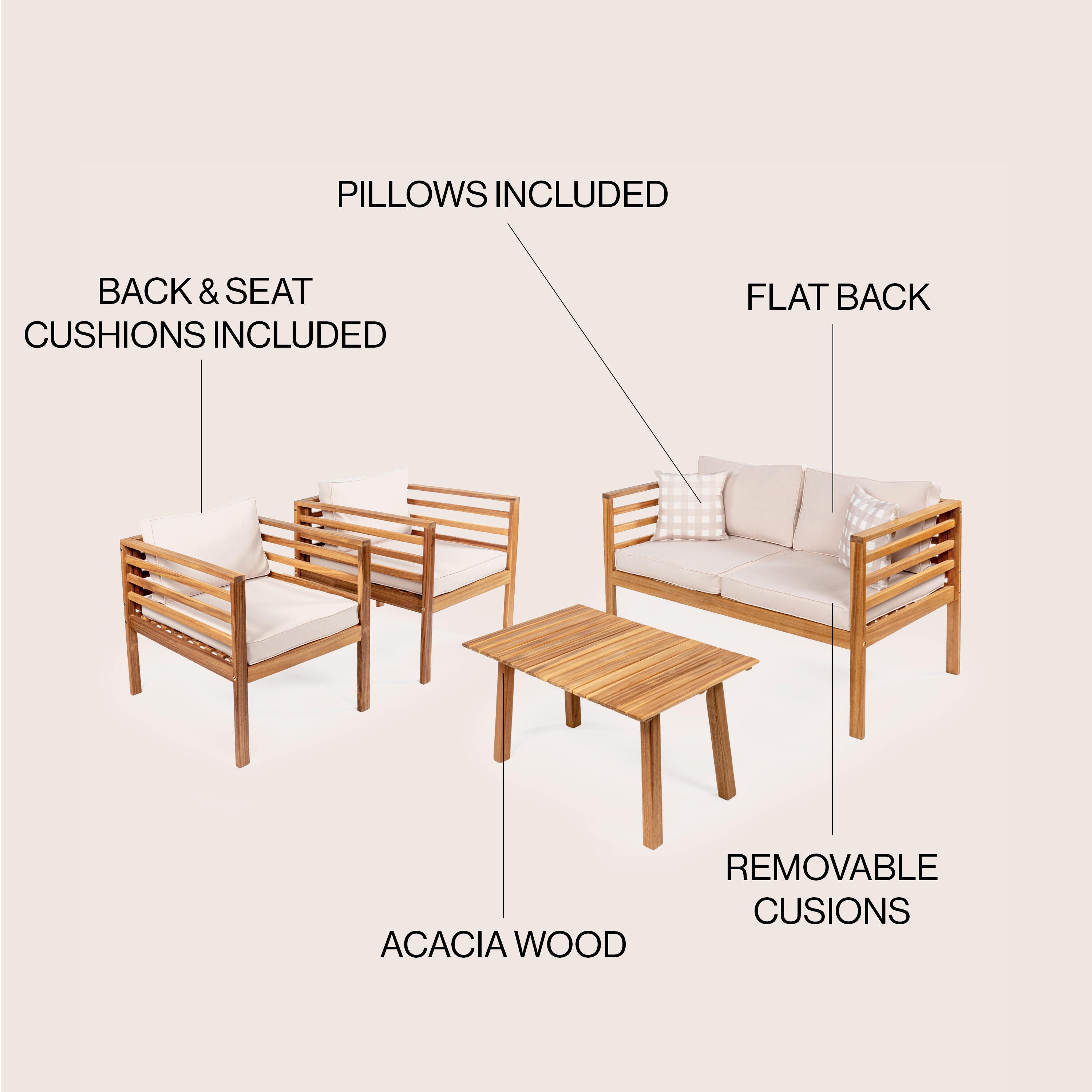 JONATHAN Y Thom Outdoor Sofa and 2 Chairs with Coffee Table, Tan, large