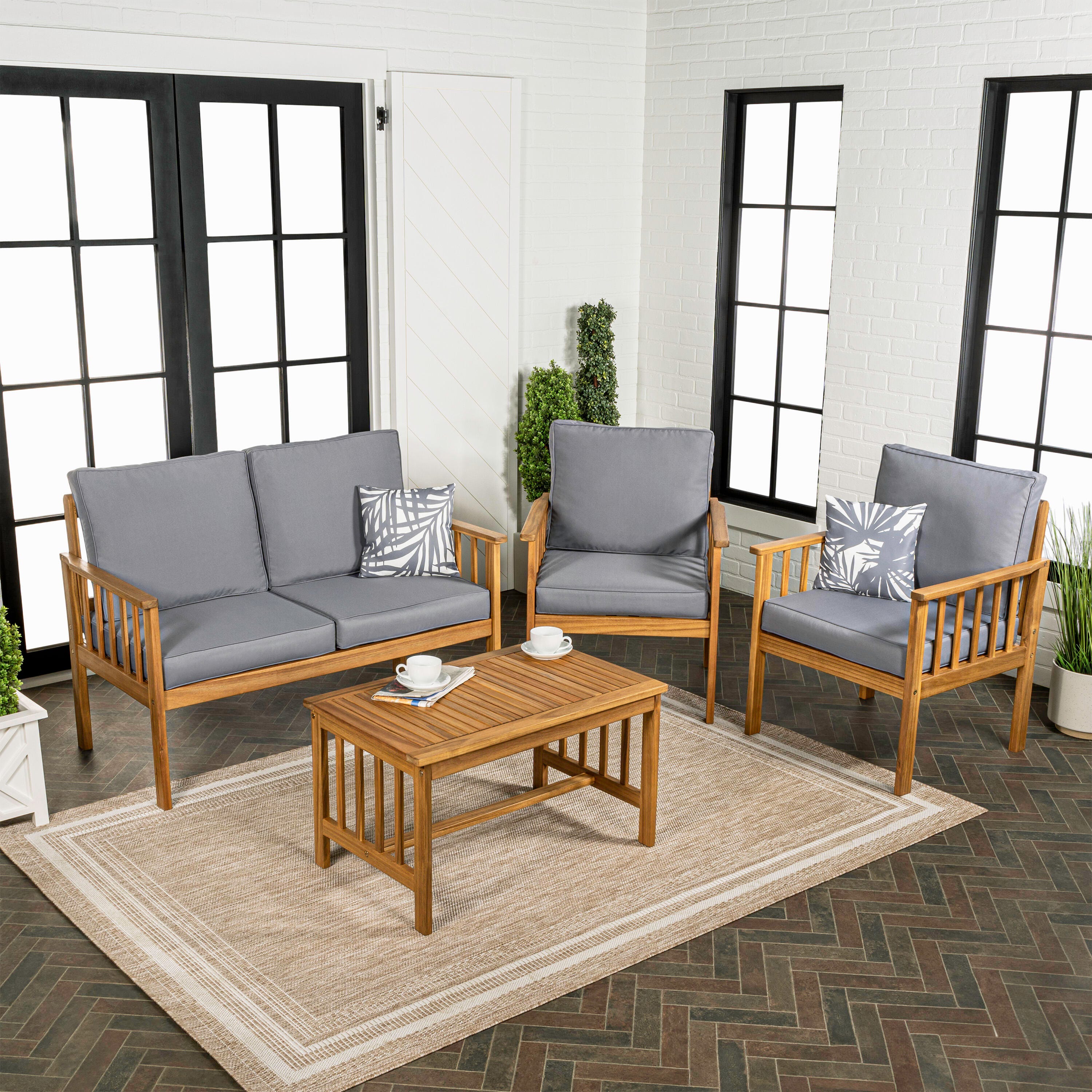 JONATHAN Y Everly Outdoor Sofa and 2 Chairs with Coffee Table, Gray, large