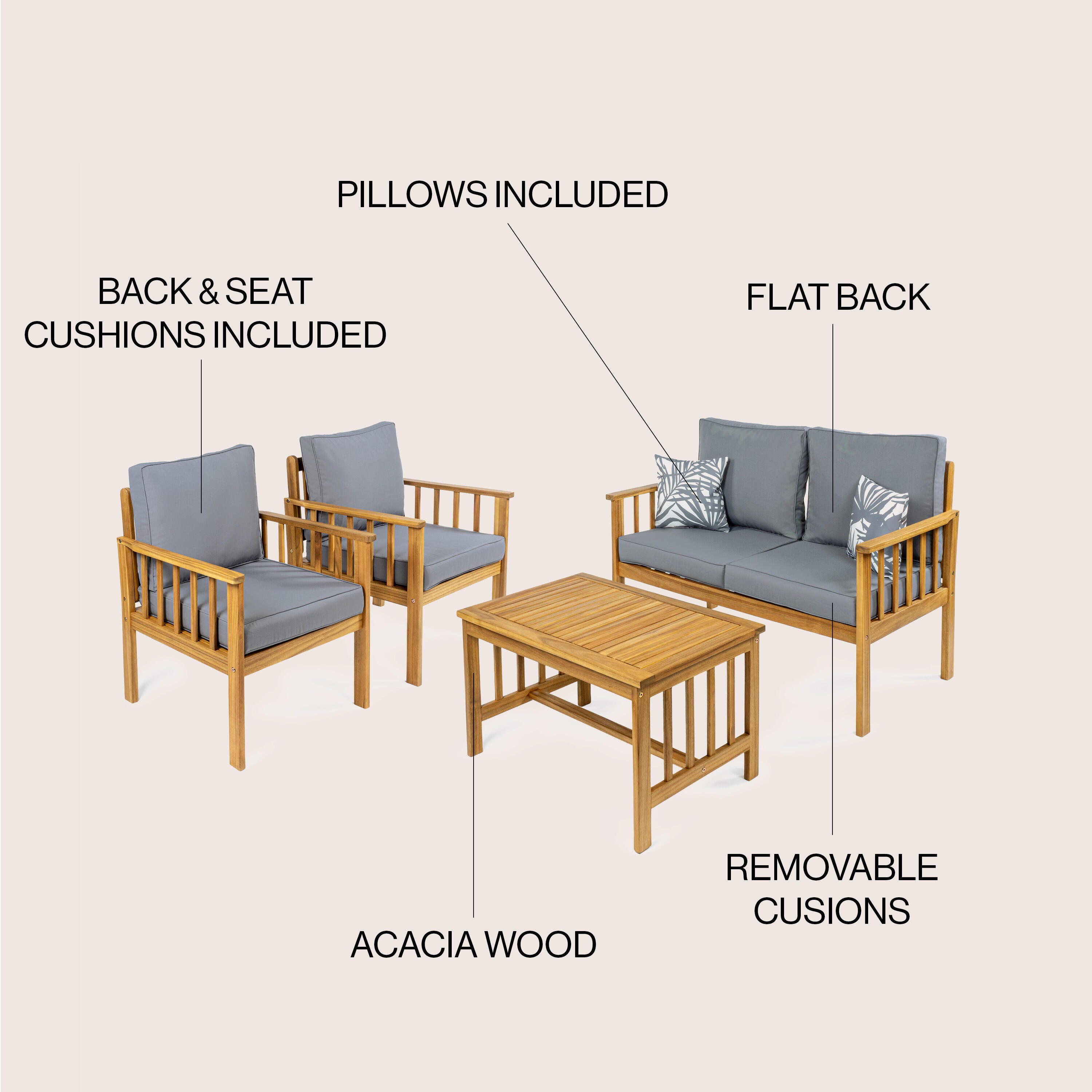 JONATHAN Y Everly Outdoor Sofa and 2 Chairs with Coffee Table, Gray, large