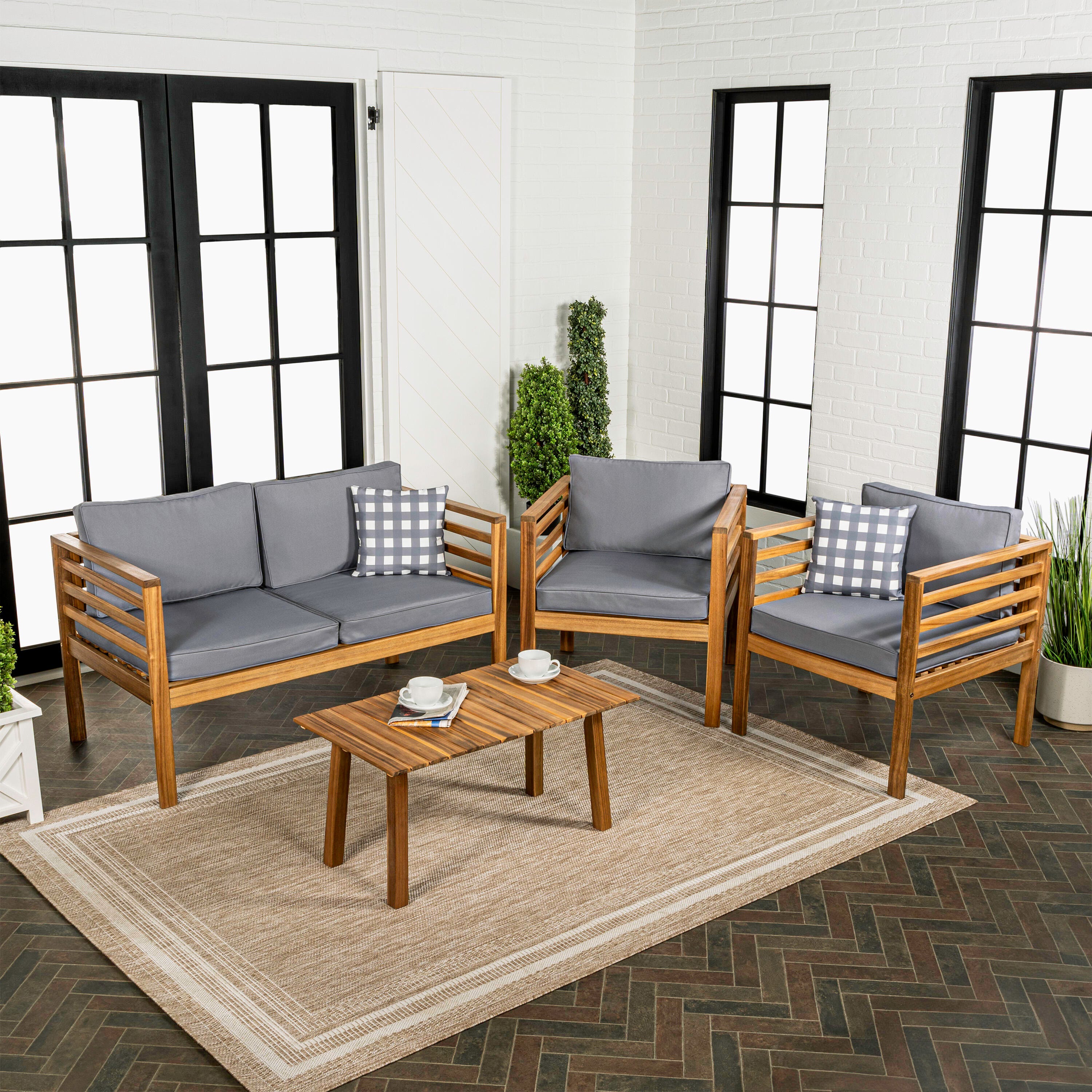 JONATHAN Y Thom Outdoor Sofa and 2 Chairs with Coffee Table, Gray, large