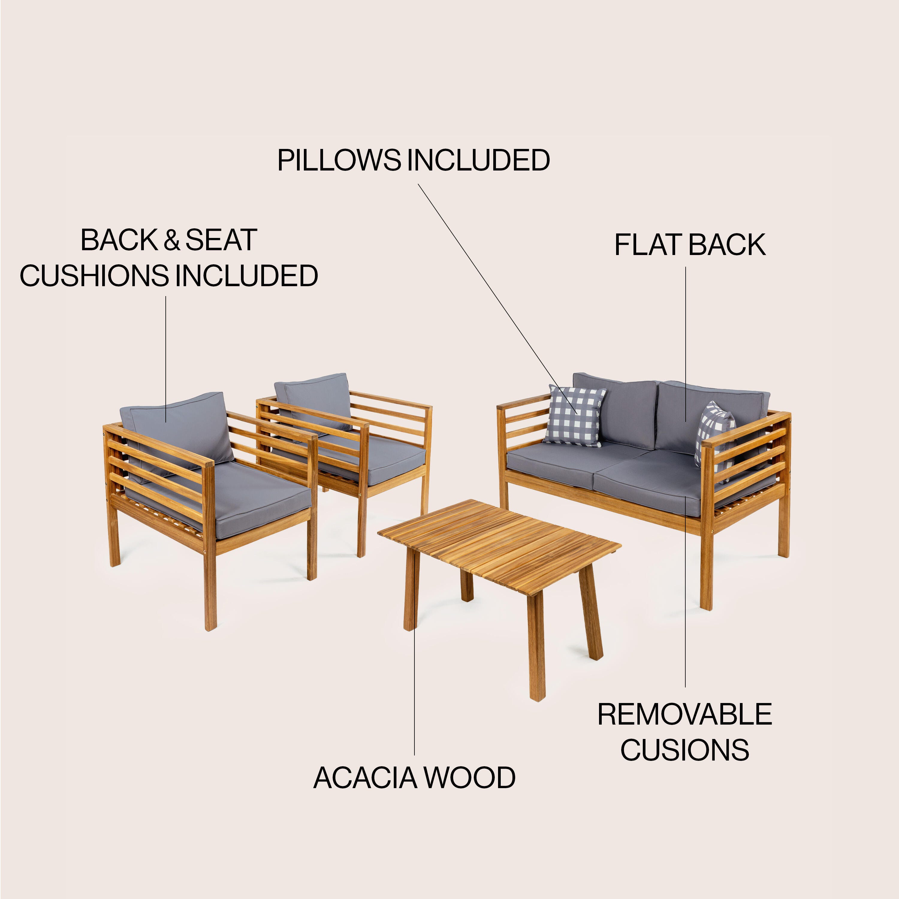 JONATHAN Y Thom Outdoor Sofa and 2 Chairs with Coffee Table, Gray, large